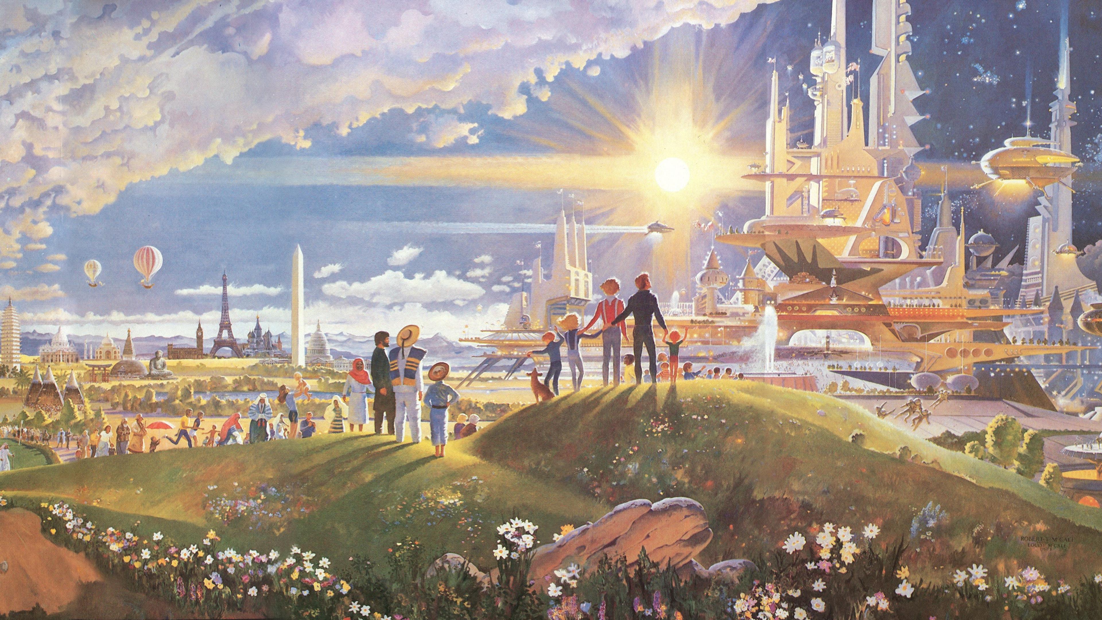Futuristic painting with diverse people on a hill overlooking a cityscape blending nature, ancient monuments and advanced tech.