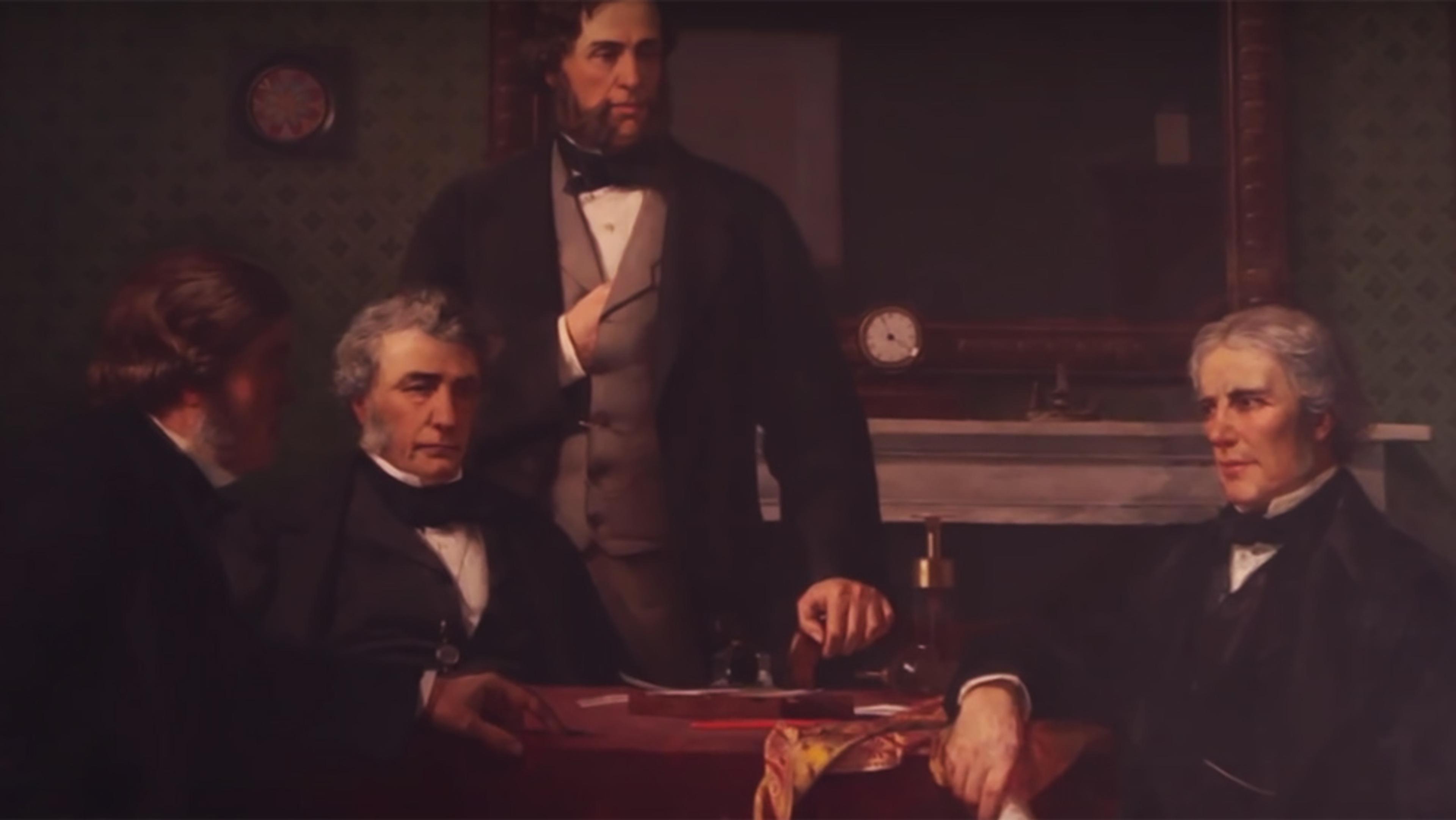 Painting of four men in Victorian-era attire sitting and standing around a table in a dimly lit room with antique furnishings.