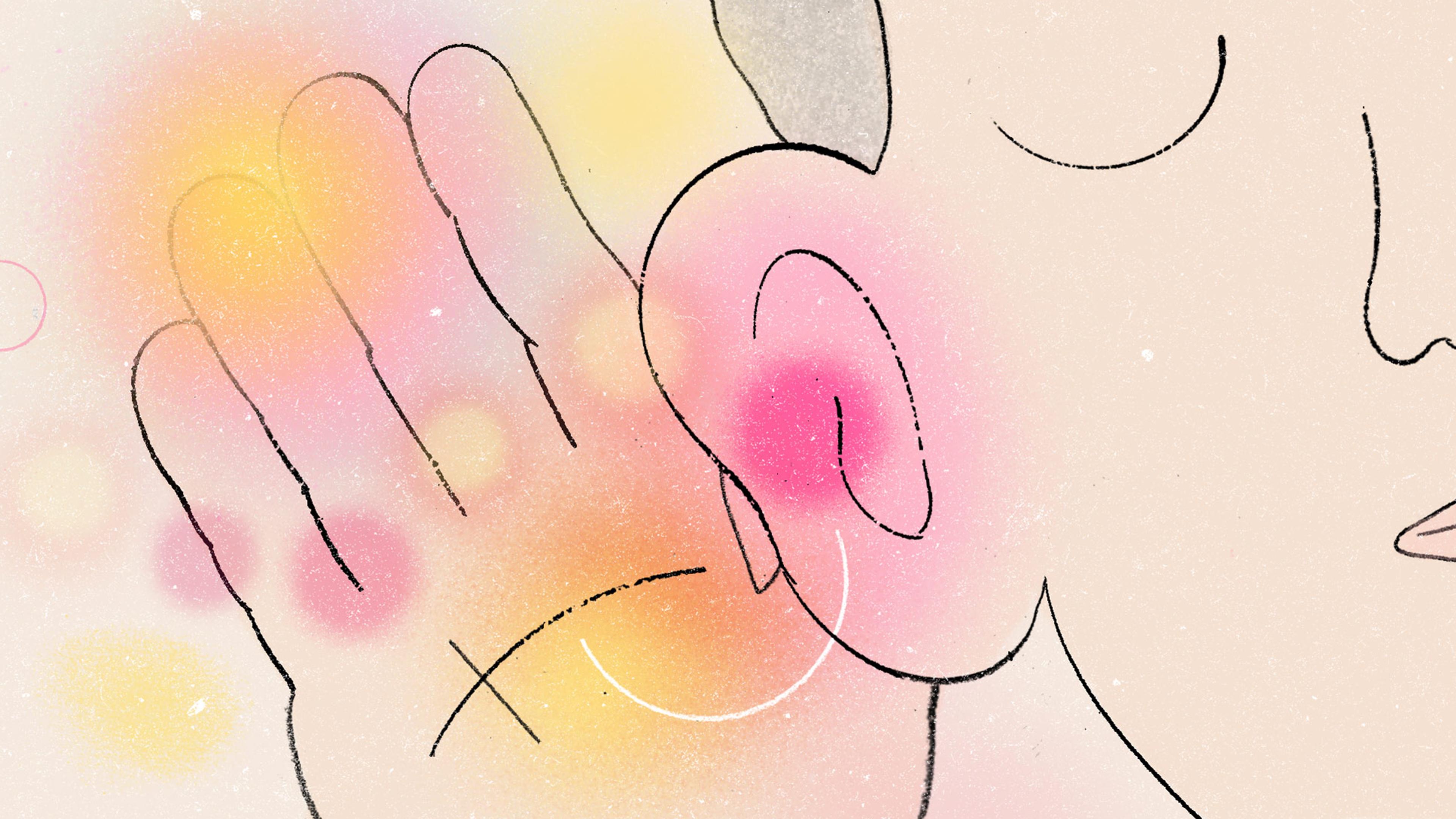 Illustration of a person listening with a hand cupped to their ear, surrounded by soft pastel colours.