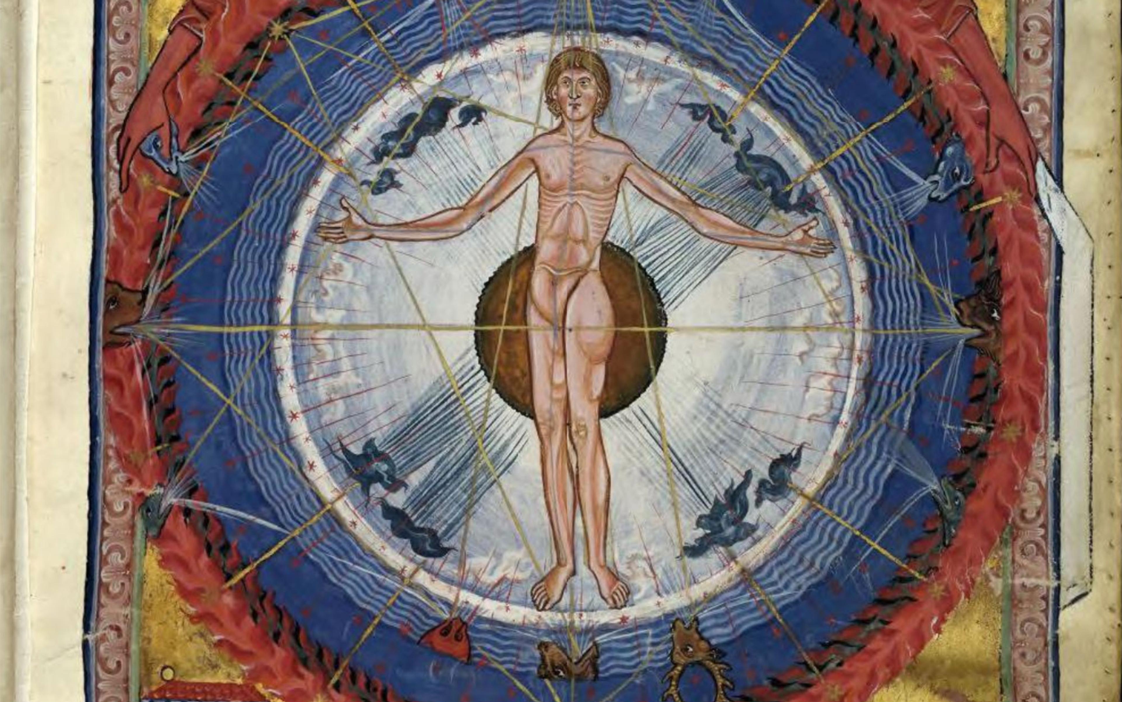 Medieval painting of a man in a cosmic circle with zodiac symbols surrounded by blue and red patterns.