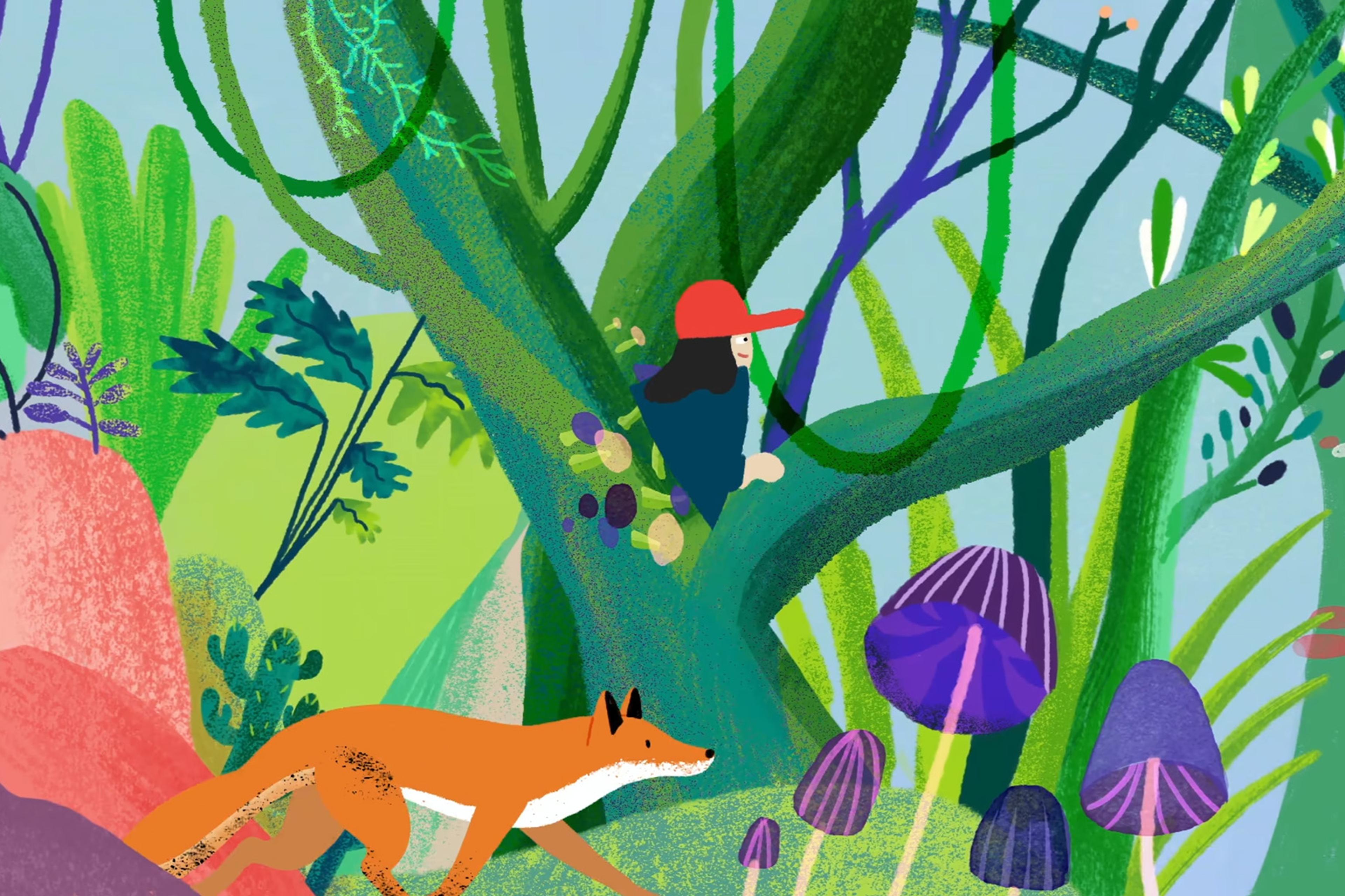 Animation of a girl in a red cap sitting in a tree, with a fox below and vibrant plants and mushrooms surrounding them.