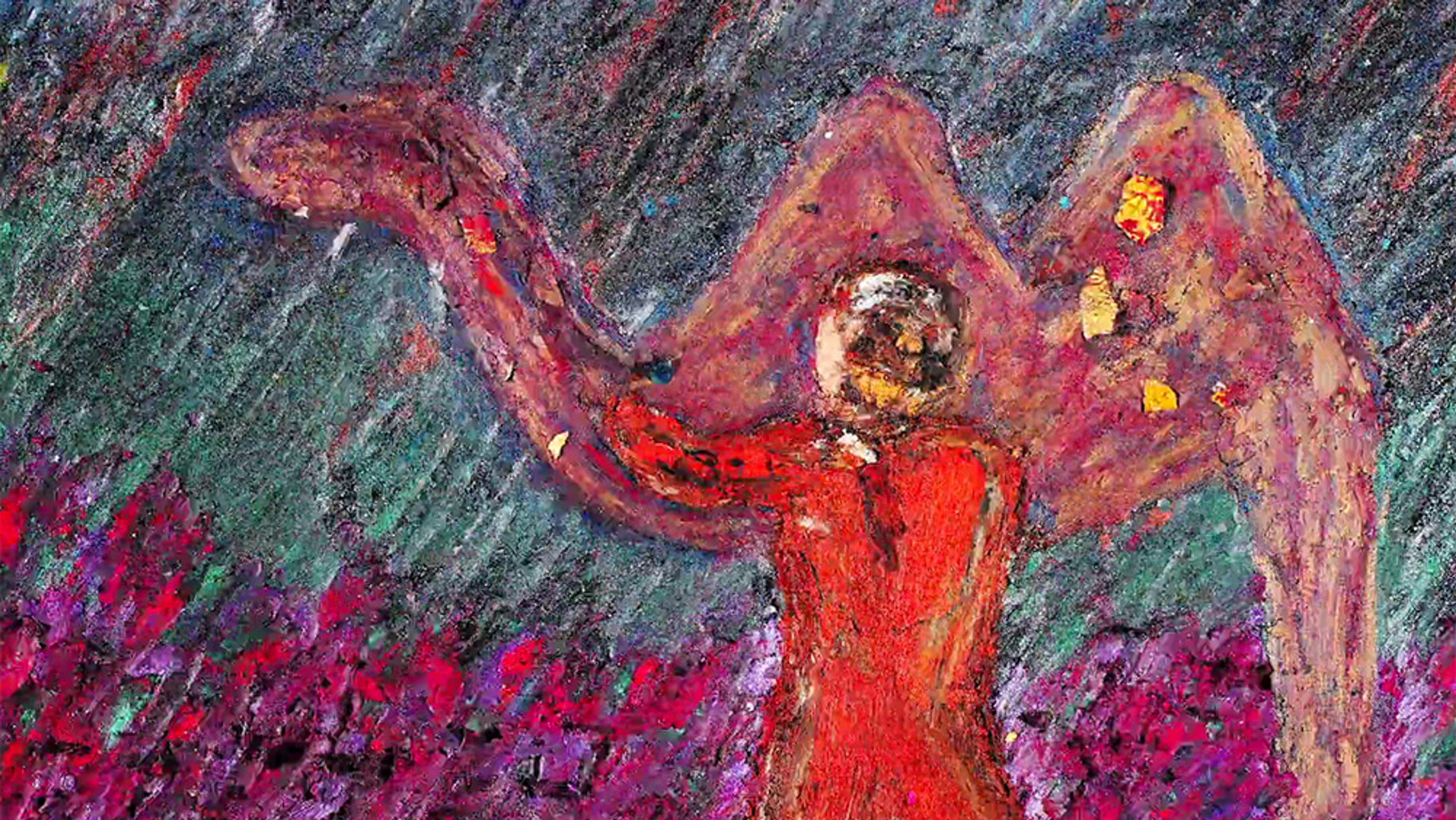 Abstract painting of a figure in red with extended arms and large wings, surrounded by vibrant colours and textured brush strokes.