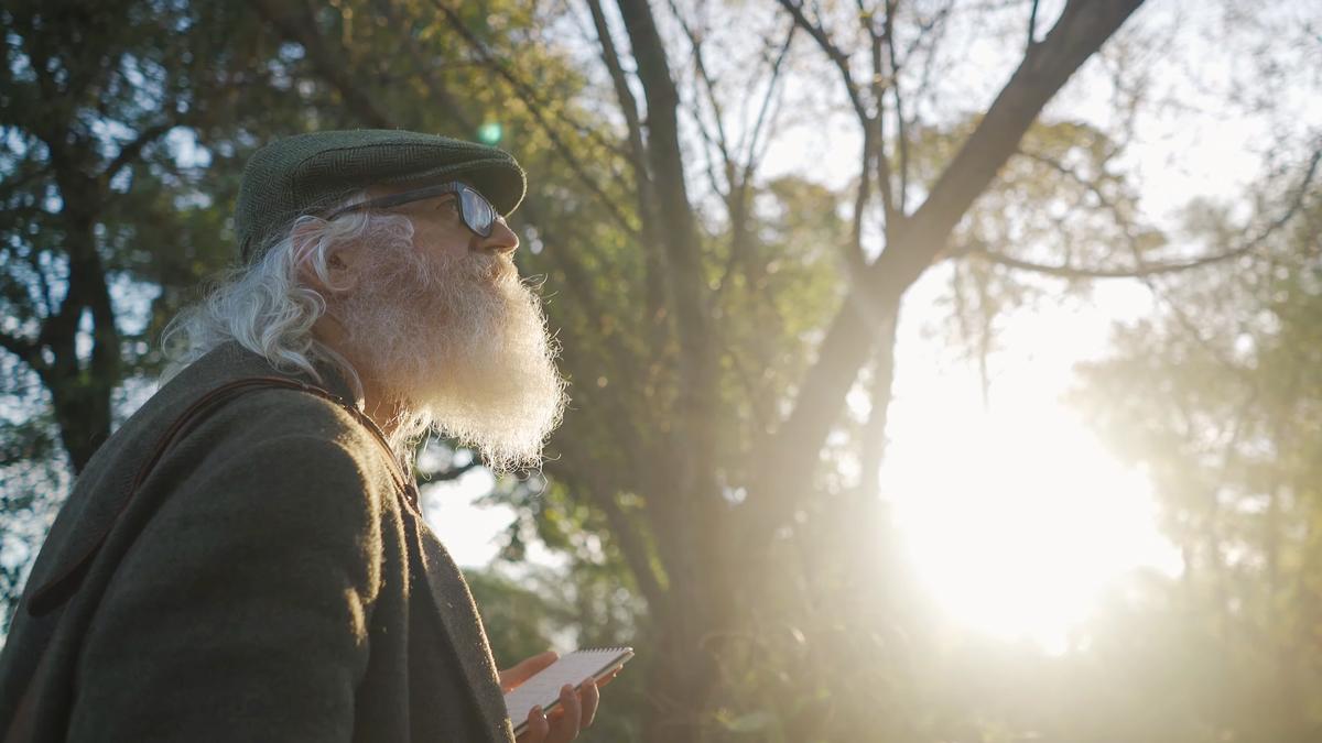Photo of an elderly man with a beard wearing a hat and glasses, holding a notebook in a sunlit forest.