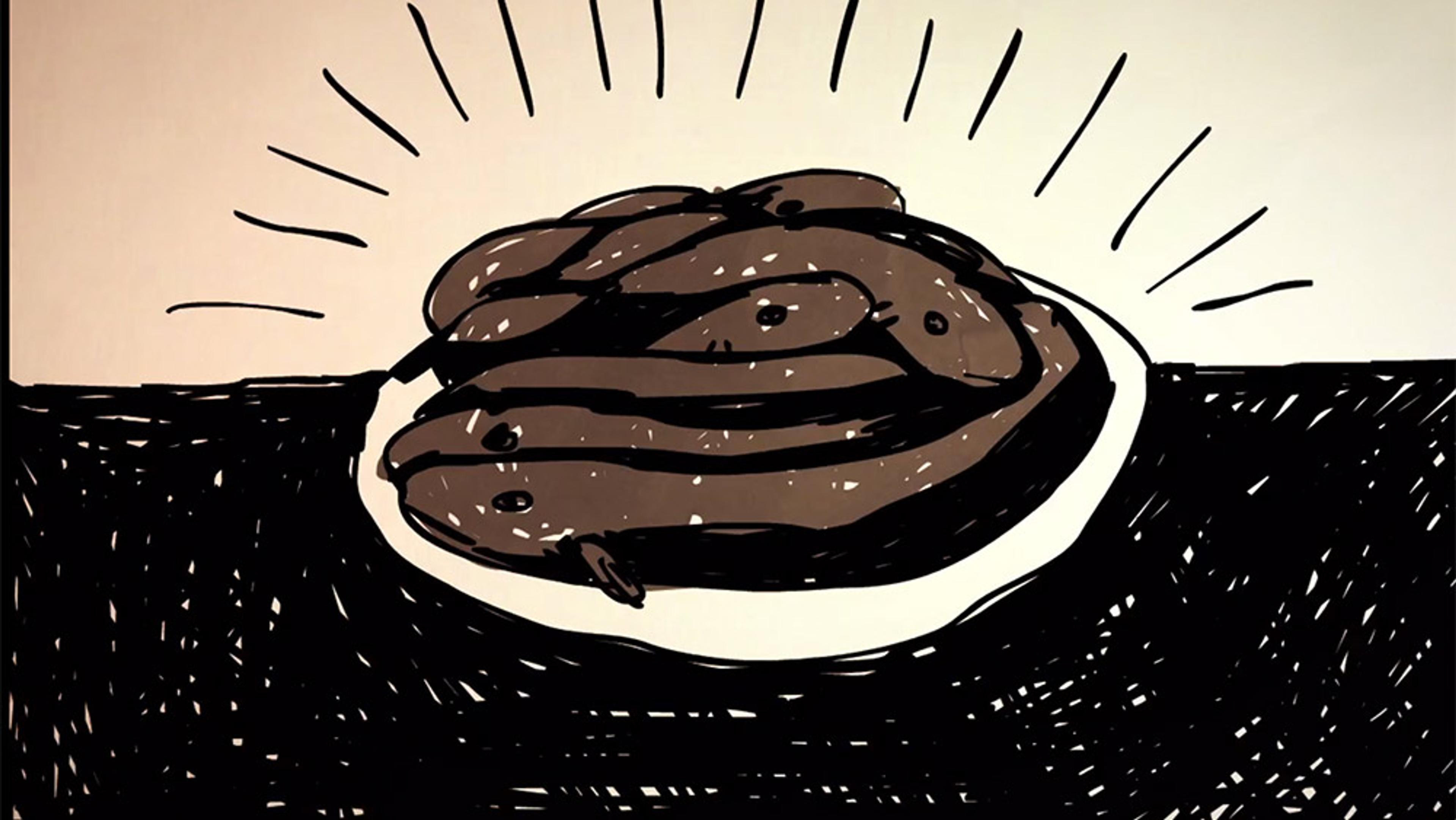 A drawing depicts several brown eels on a plate with cartoonish lines radiating from the centre, symbolising emphasis.