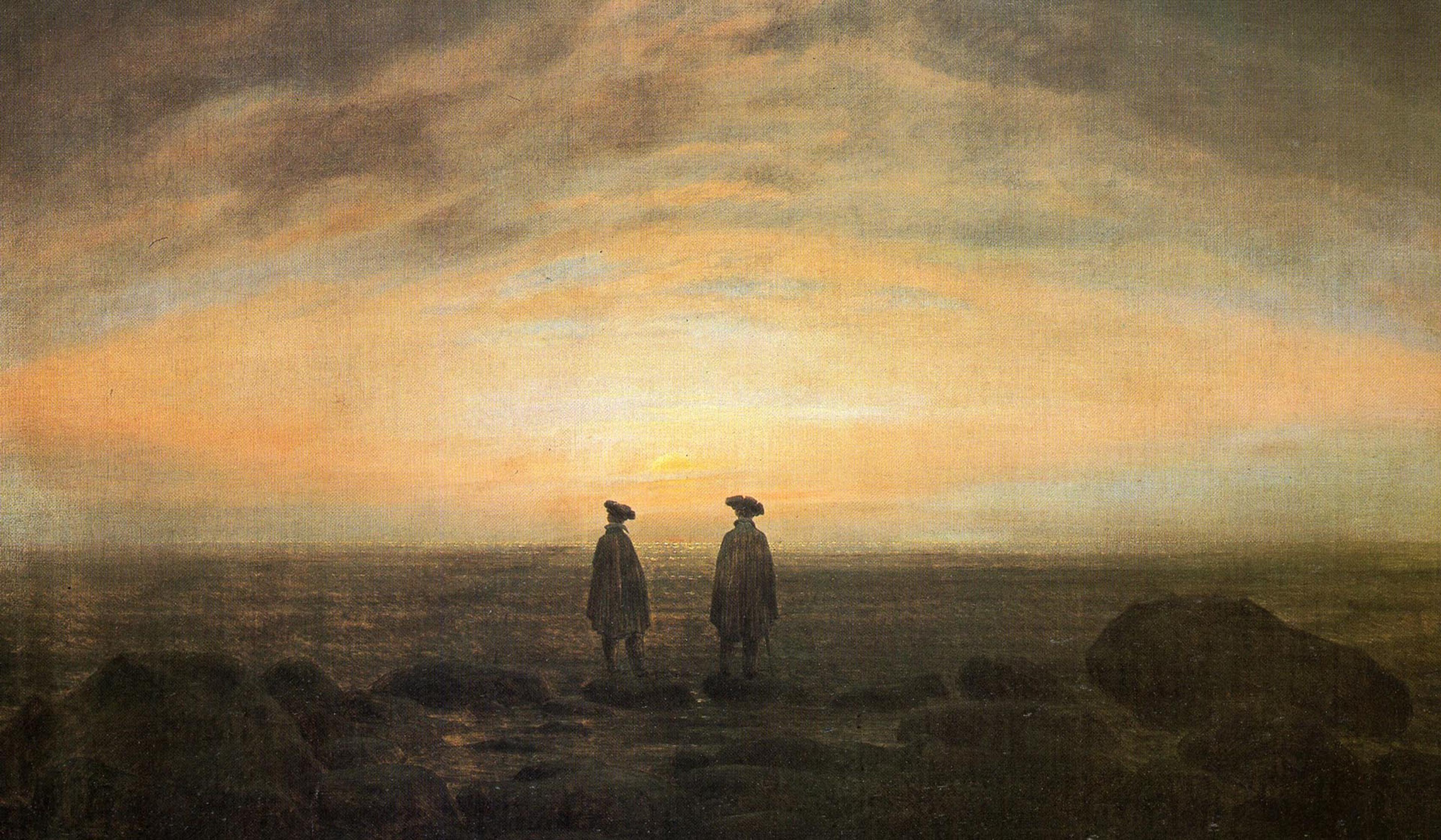 Painting of two figures in cloaks and hats standing on a rocky shore at sunset, with a dramatic sky filling the background.