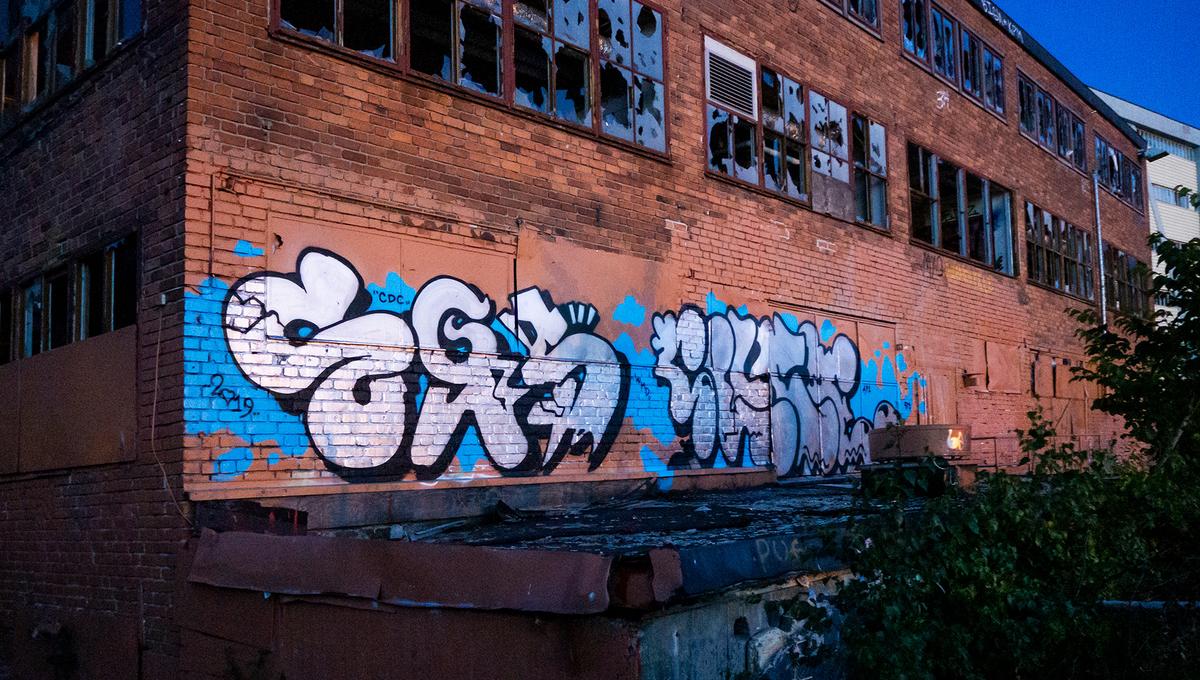 Photo of a derelict brick building with colourful graffiti on the wall broken windows and overgrown vegetation at dusk.