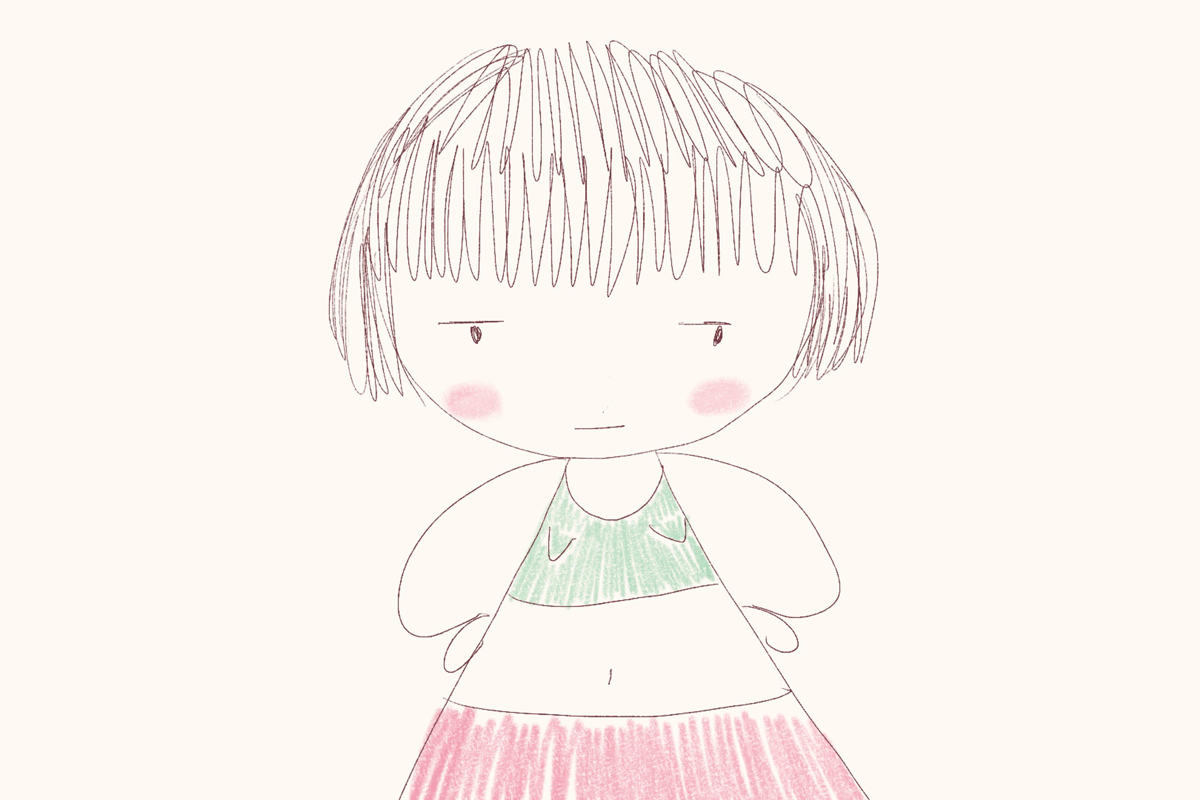 Illustration of a simple cartoon figure with a bob haircut wearing a green crop top and red skirt on a light background.