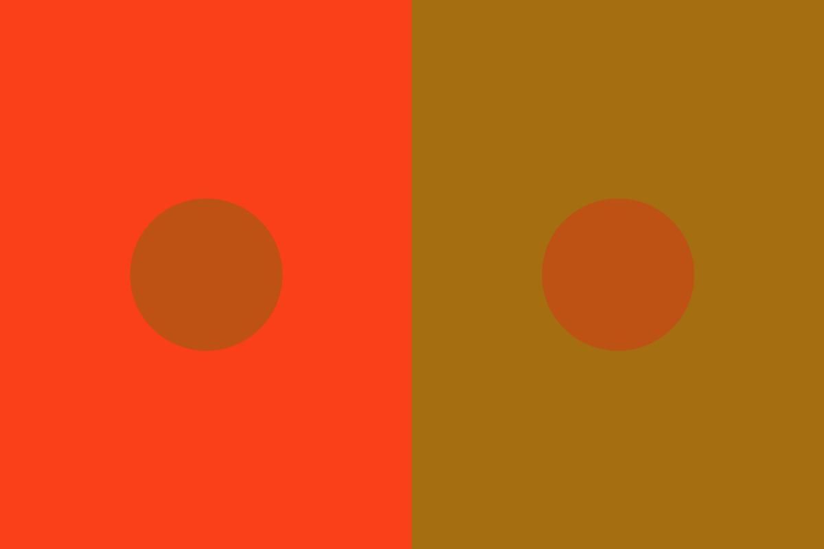 Graphic with a vertical split between a red and brown background, with a brown circle at the centre of each half.