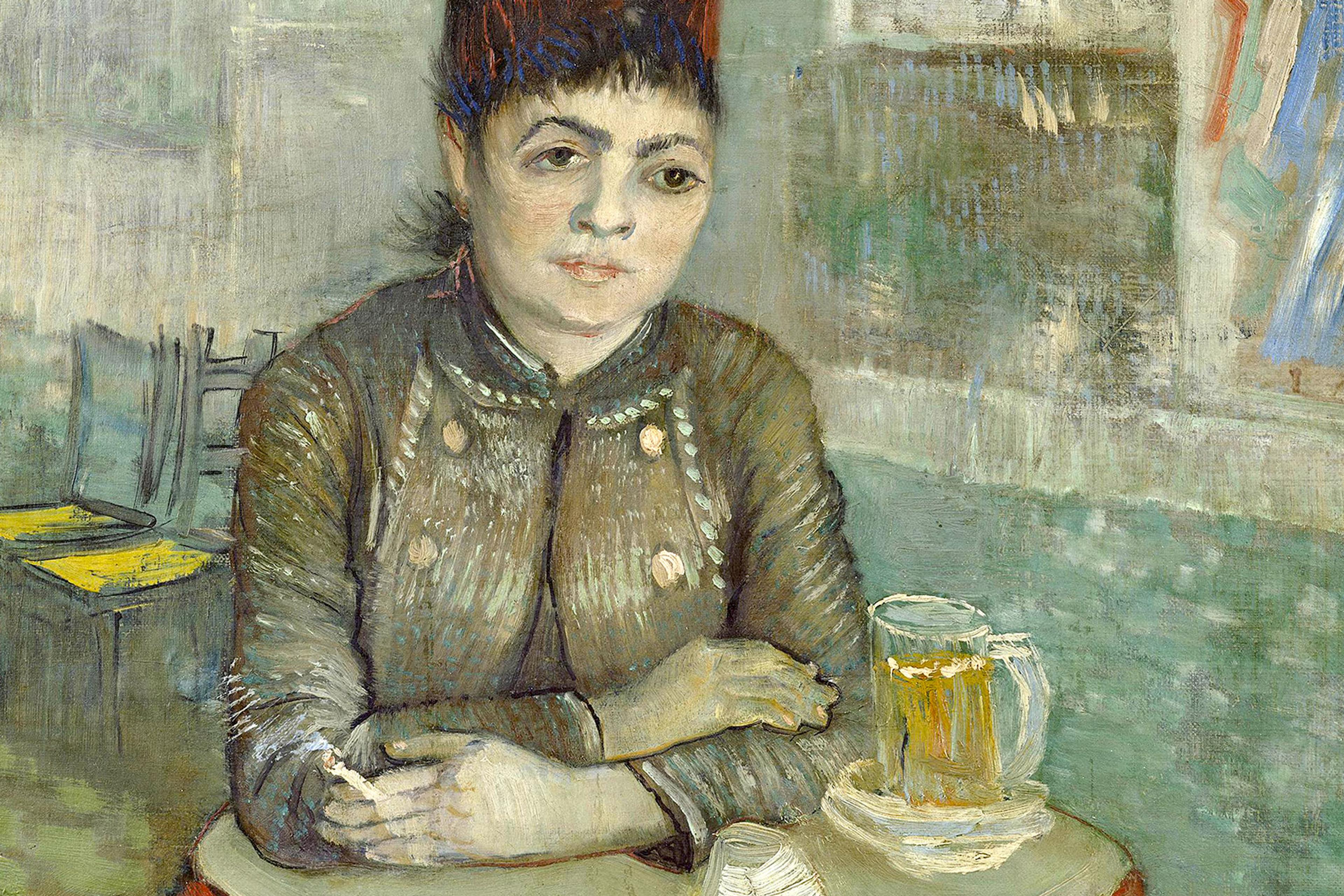 A painting of a woman sitting at a table with a glass of beer, a cigarette, and a contemplative expression in a café setting.