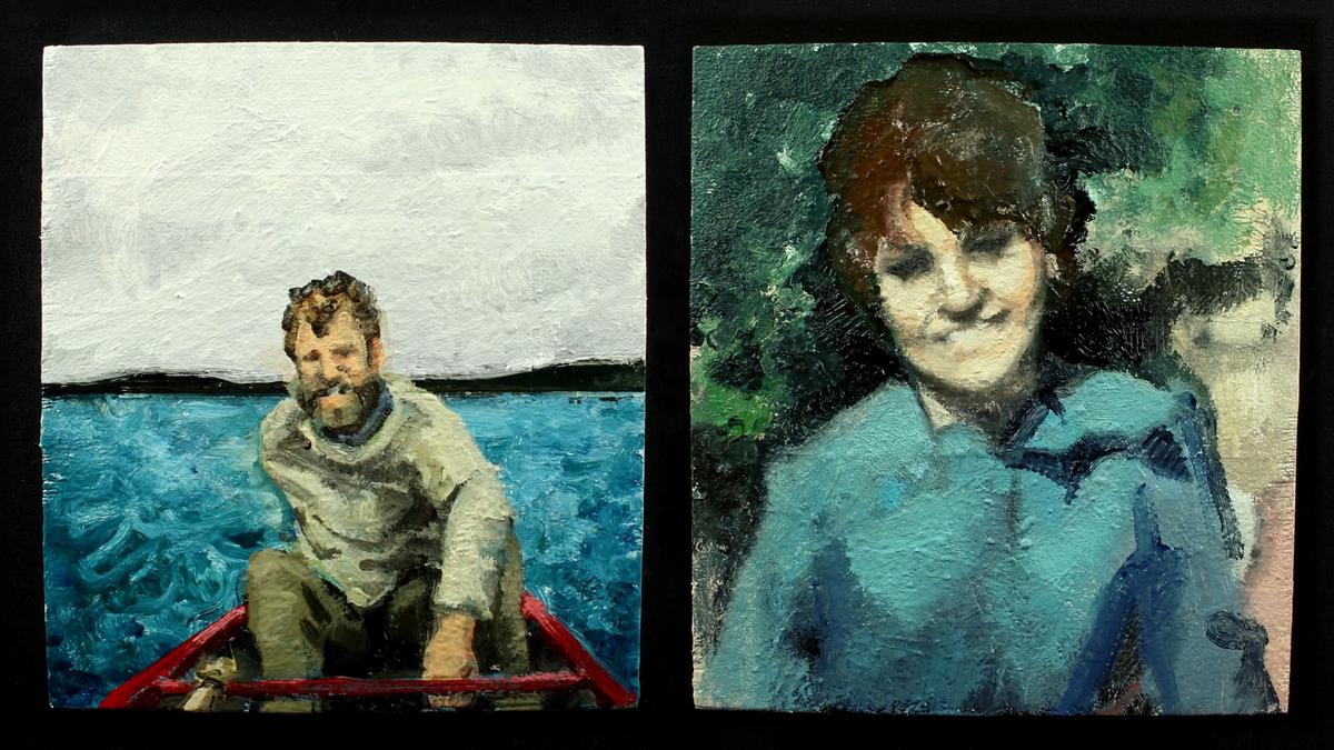 Oil painting diptych of a man rowing a boat and a woman in blue with a green background.