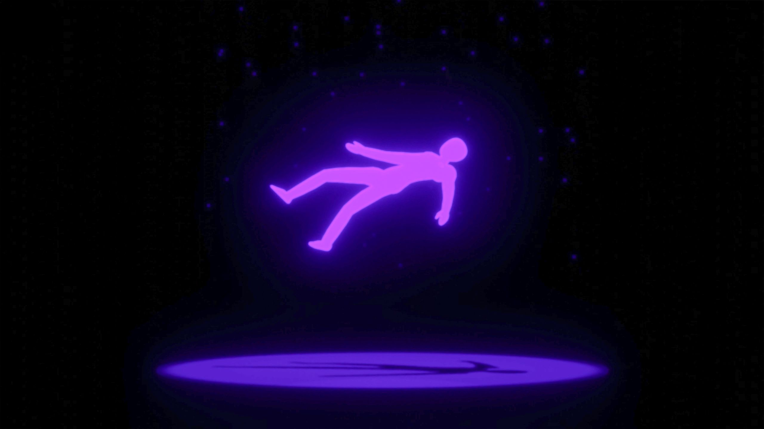 Digital art of a glowing purple figure floating against a dark background with small blue dots.