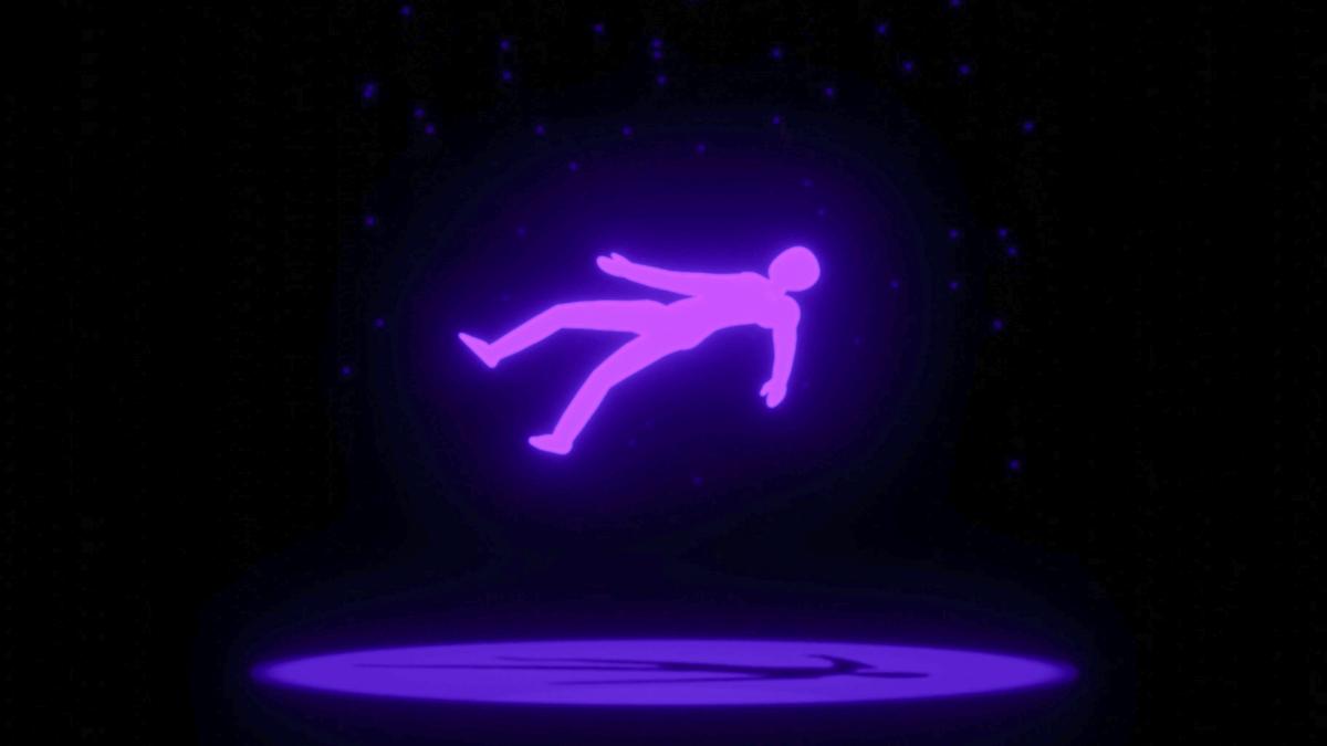 Digital art of a glowing purple figure floating against a dark background with small blue dots.