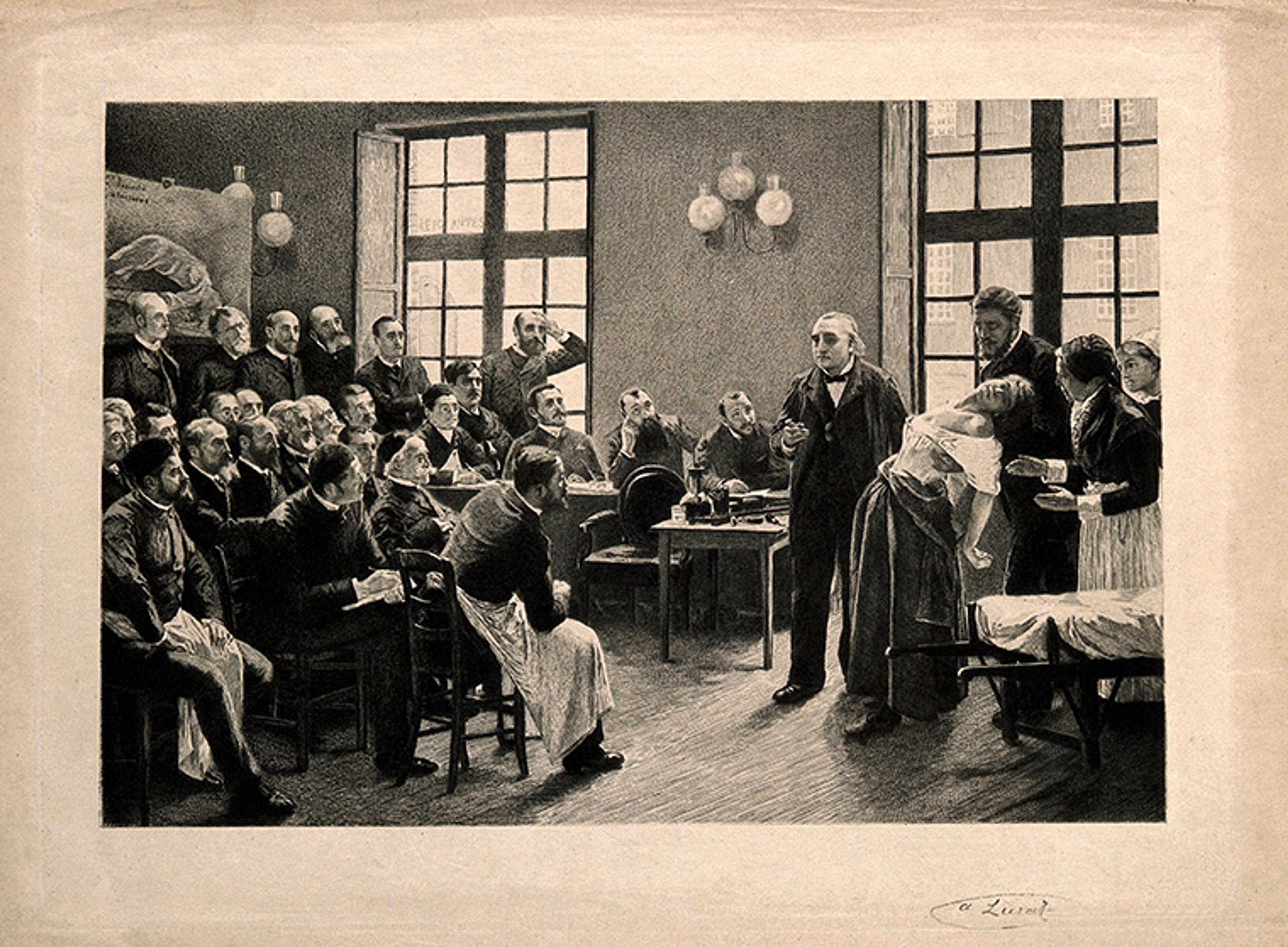 Etching of a historical medical lecture: a doctor demonstrates on a patient while a group of students observe in a classroom.