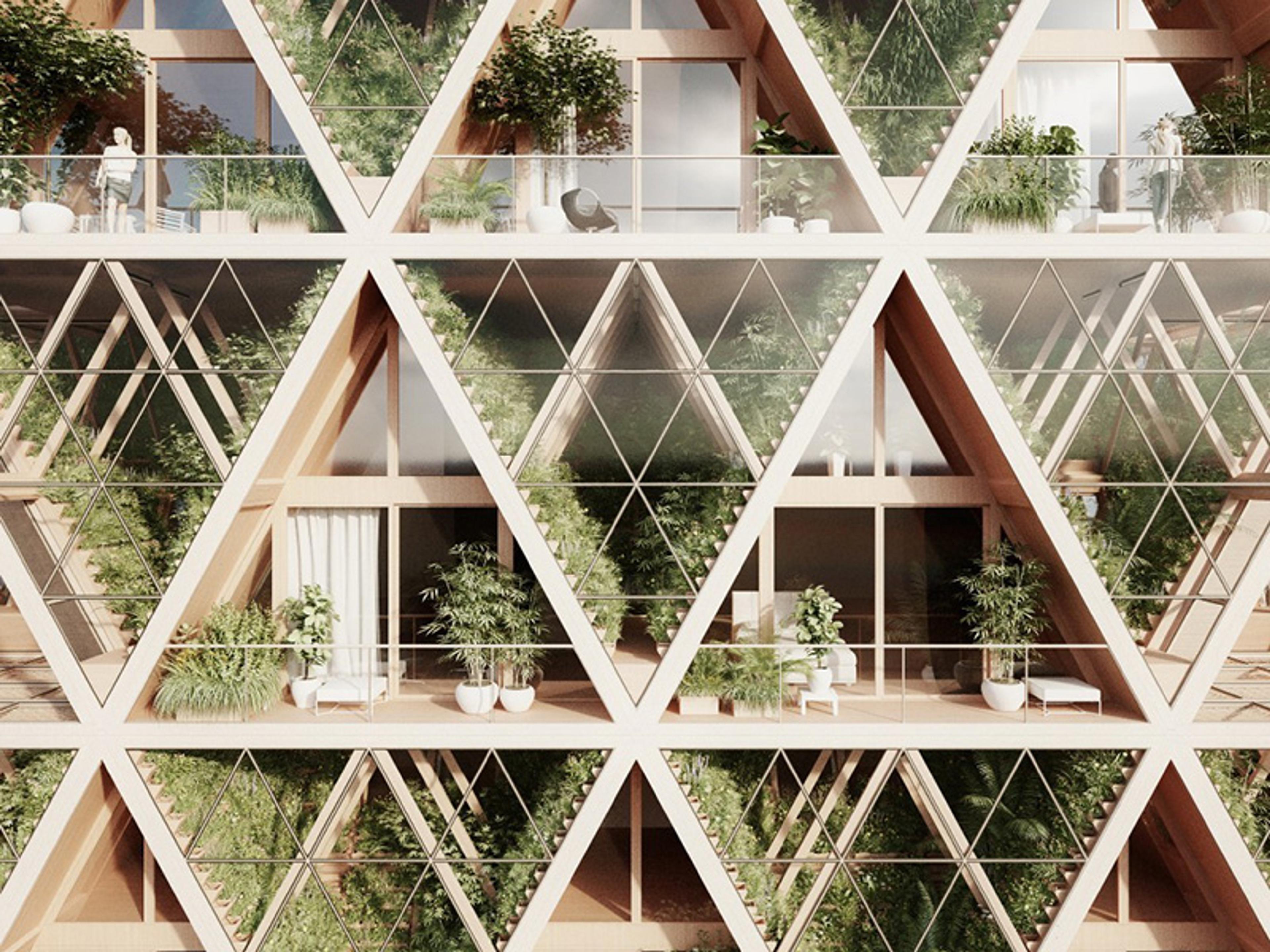 Photorealistic image of a modern building with triangular glass facades featuring lush green plants on balconies and inside the units.
