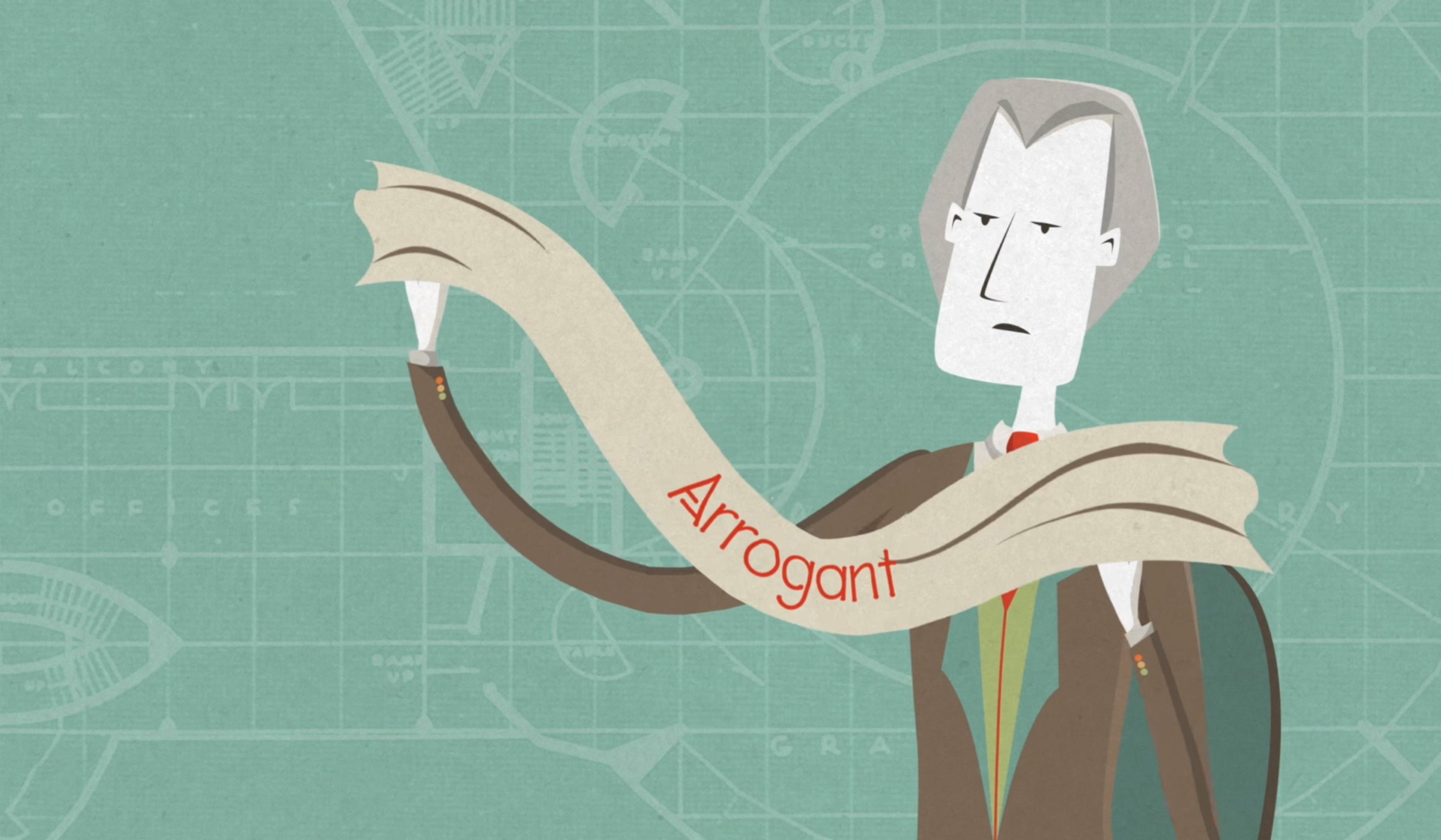 Illustration of stern person holding scroll with word ‘Arrogant’ on abstract background with architectural elements.