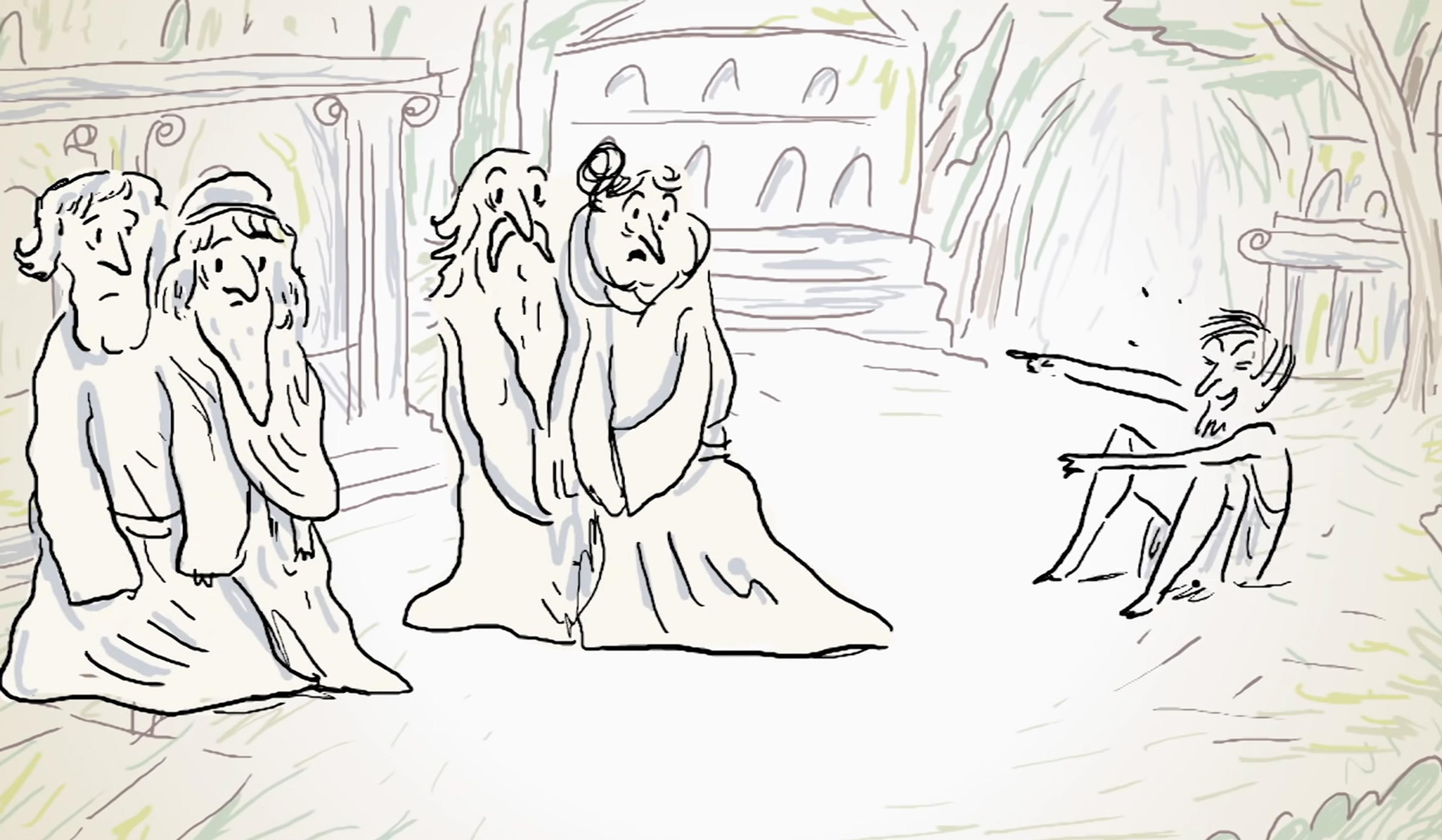 A line drawing of robed figures standing in a scene with arches and columns; a seated figure points at them.