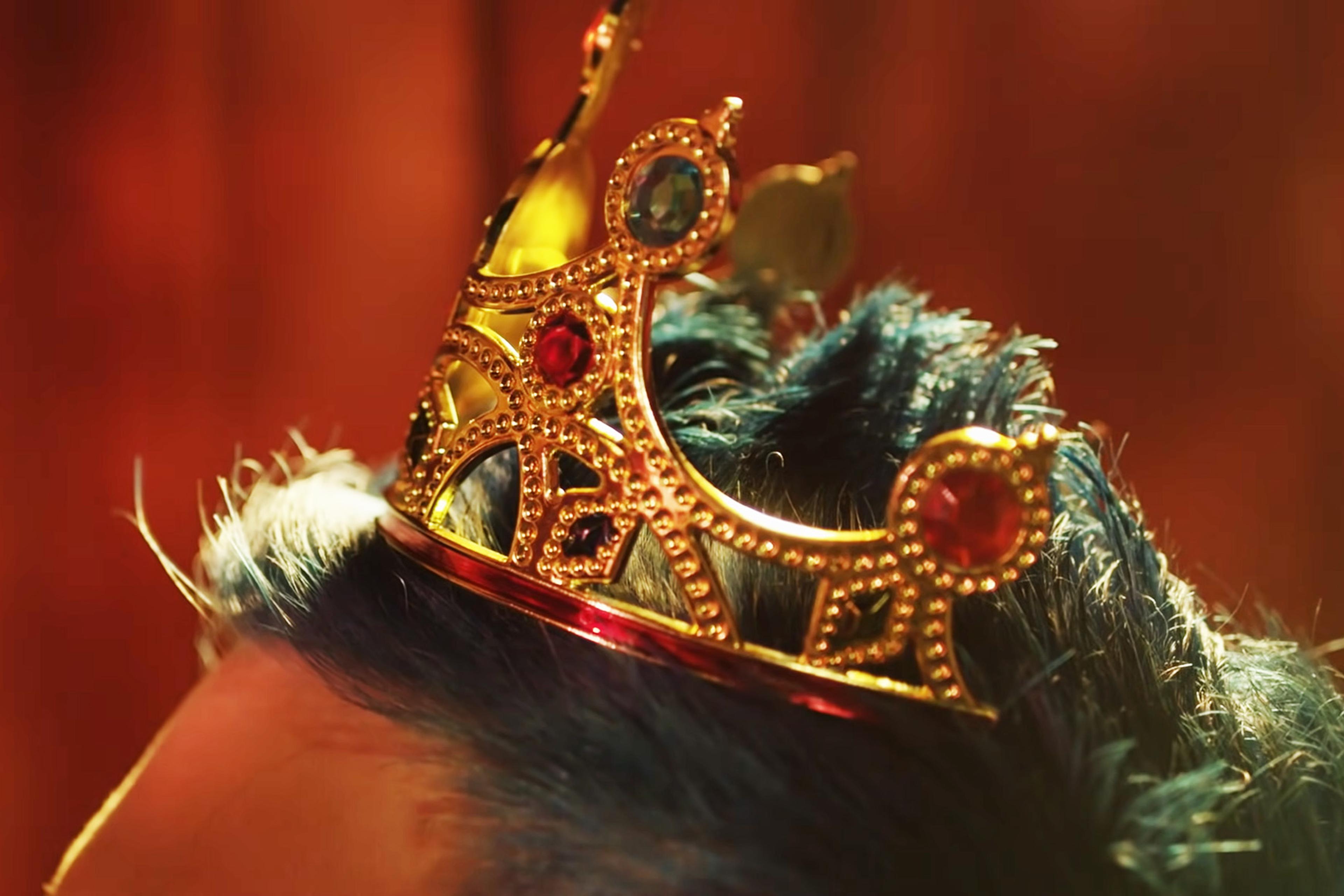 Close-up profile of a plastic golden crown with colourful jewels on top of dark, short hair against a blurred, warm-toned background.