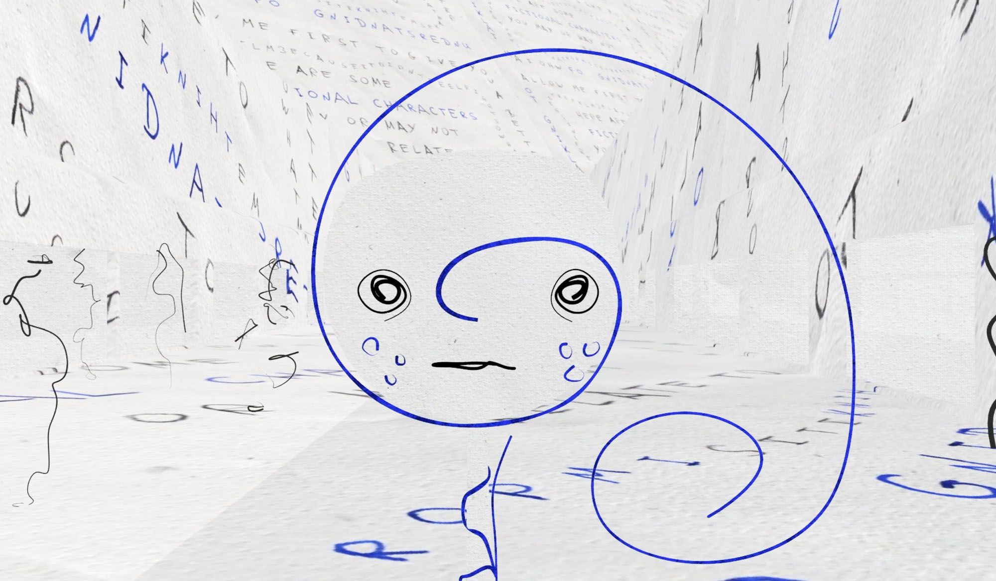 Abstract line drawing of a figure in blue against a white background covered with scattered black and blue letters and words.