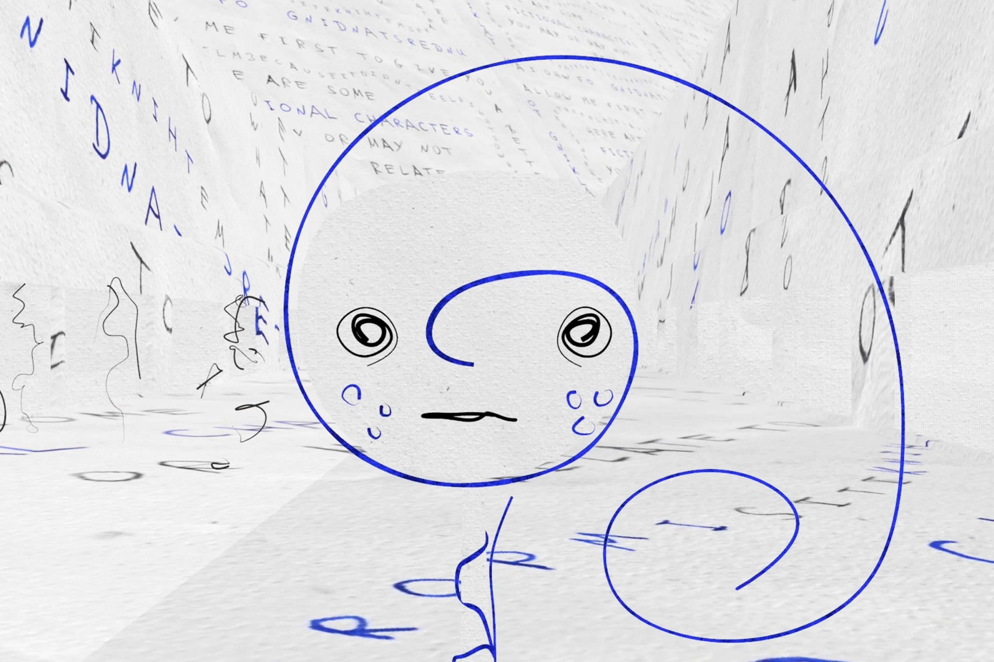 Abstract line drawing of a figure in blue against a white background covered with scattered black and blue letters and words.