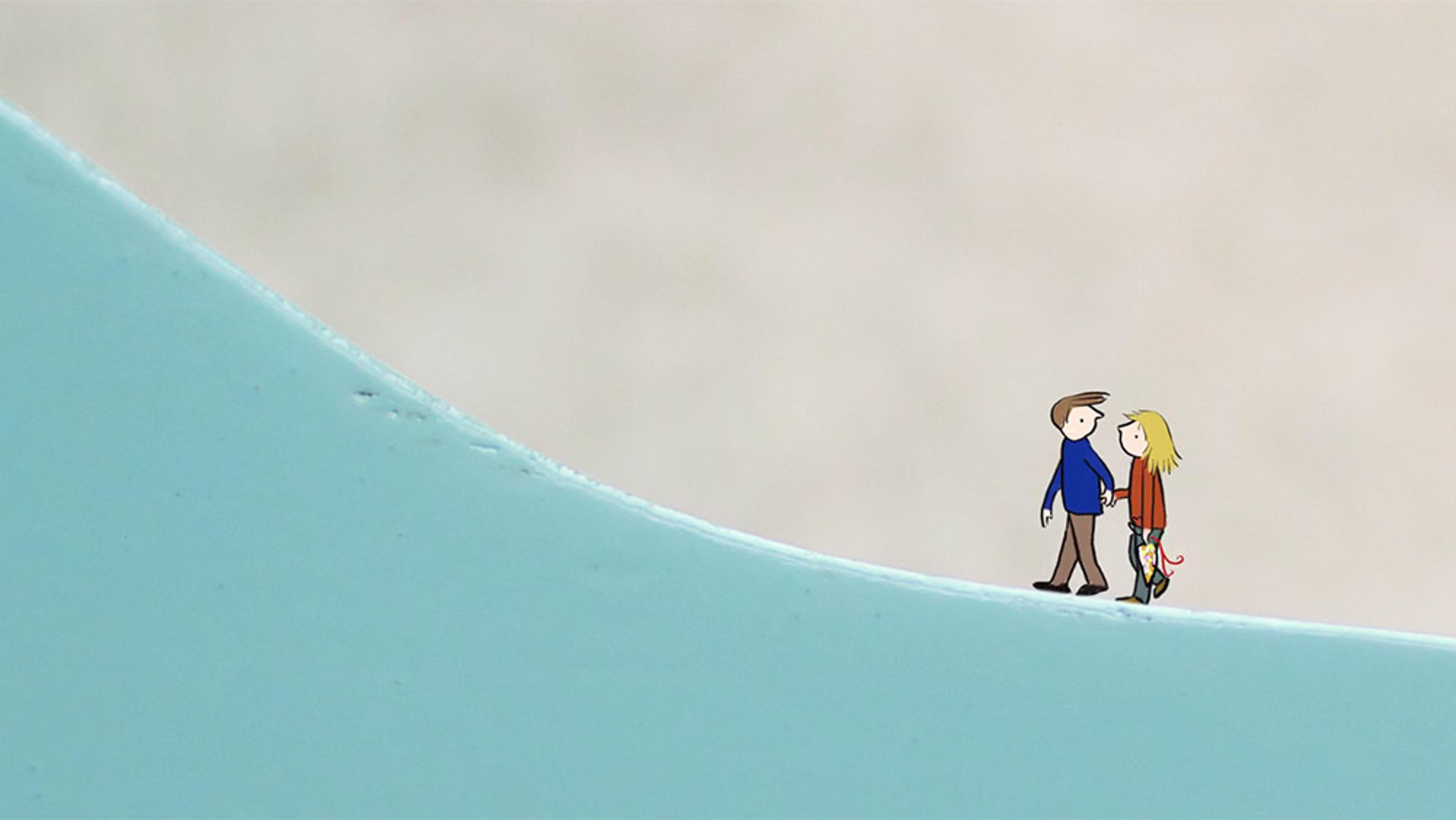 Cartoon illustration of a boy and girl holding hands, standing on a curved blue surface with a muted grey background.