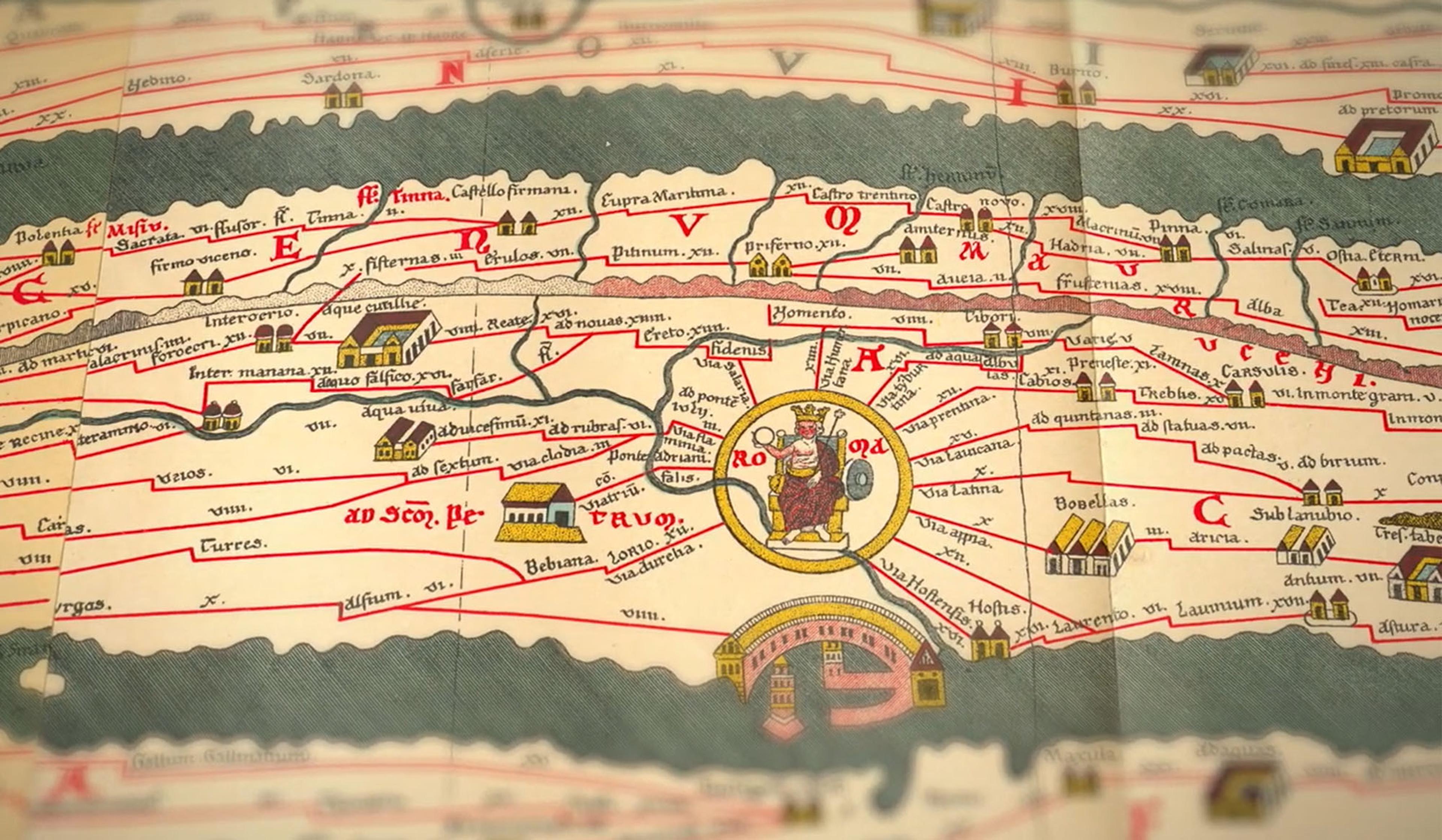 Ancient map with labelled roads, towns, and a crowned figure holding symbols inside a circular icon, illustrating an old cartography style.