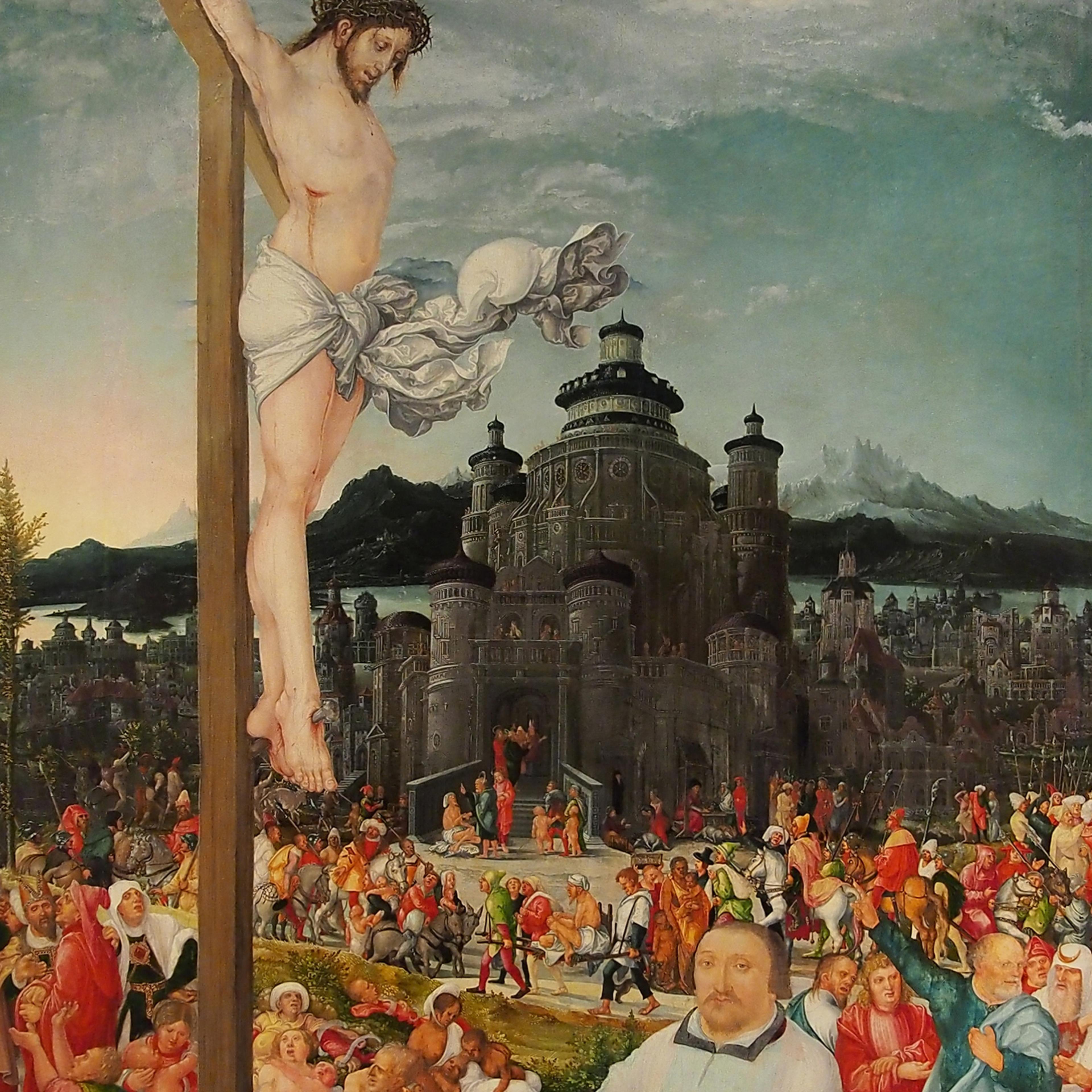 Painting of a crucifixion scene with a large crowd, a detailed medieval cityscape with mountains and a lake in the background.