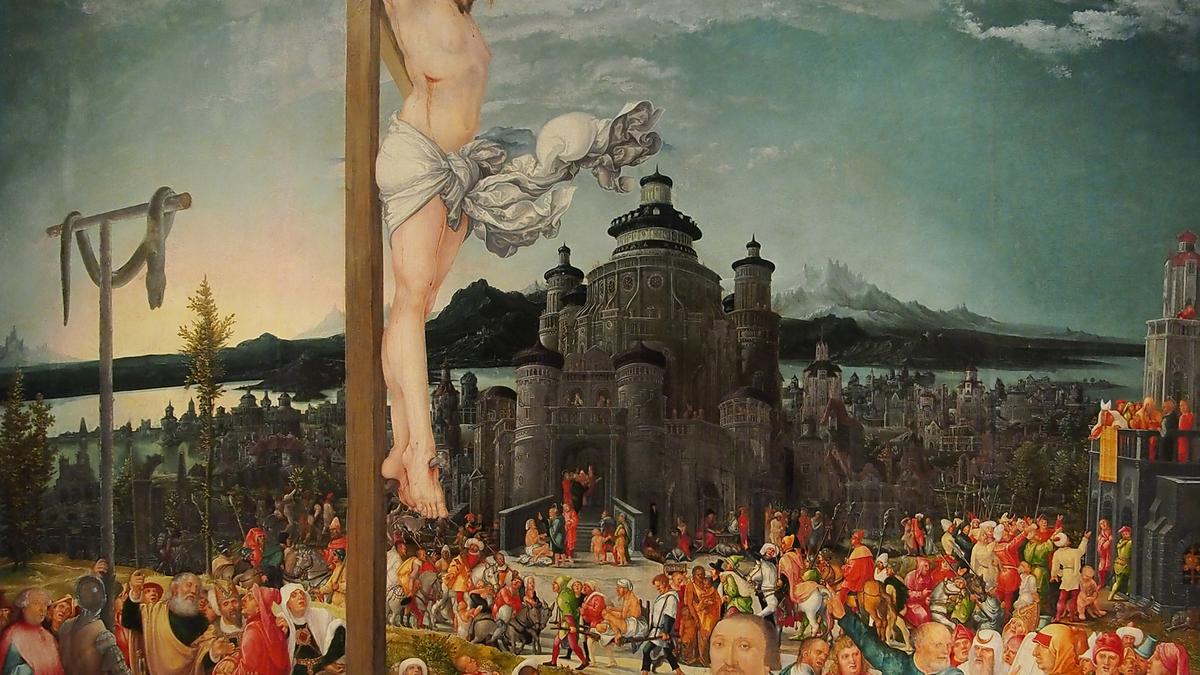 Painting of a crucifixion scene with a large crowd, a detailed medieval cityscape with mountains and a lake in the background.