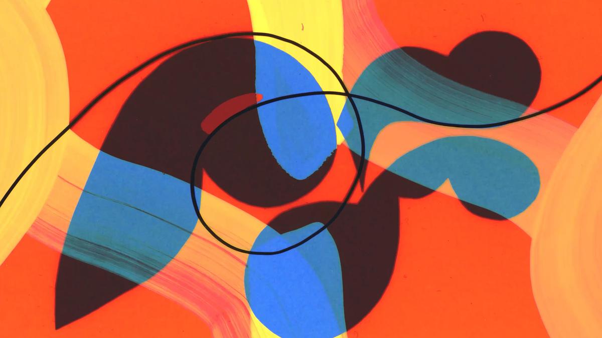 Abstract painting with bold orange, yellow, blue and black curves and shapes overlapping dynamically.