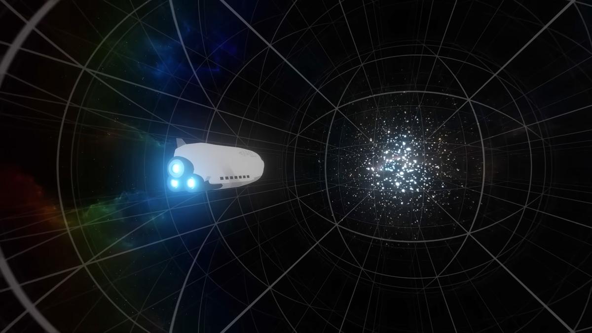 Digital artwork of a spaceship with blue thrusters approaching a bright star cluster in a dark, grid-lined space scene.