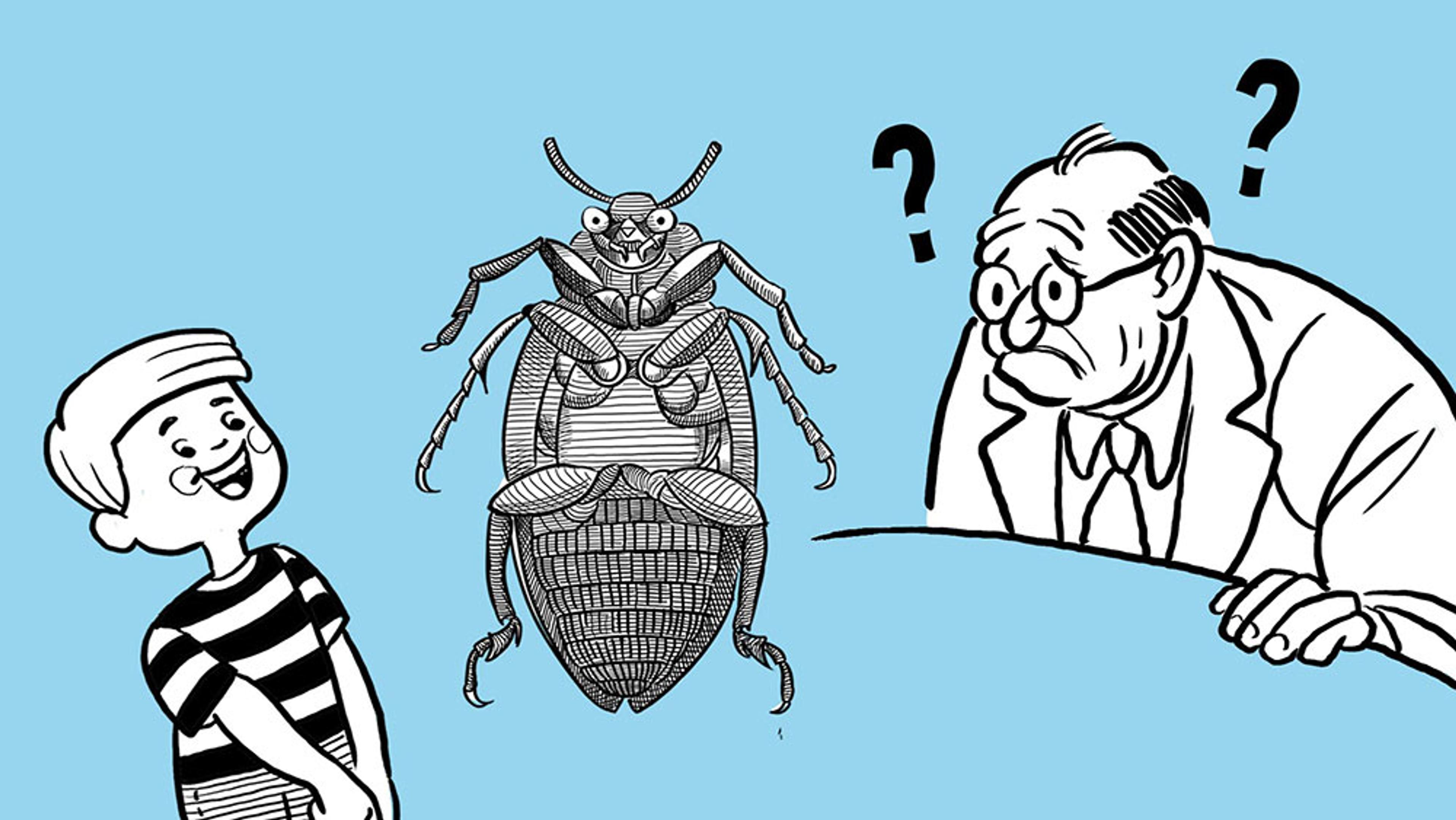 Cartoon drawing of a boy and a man reacting differently to a large insect. The boy is smiling, the man looks puzzled.