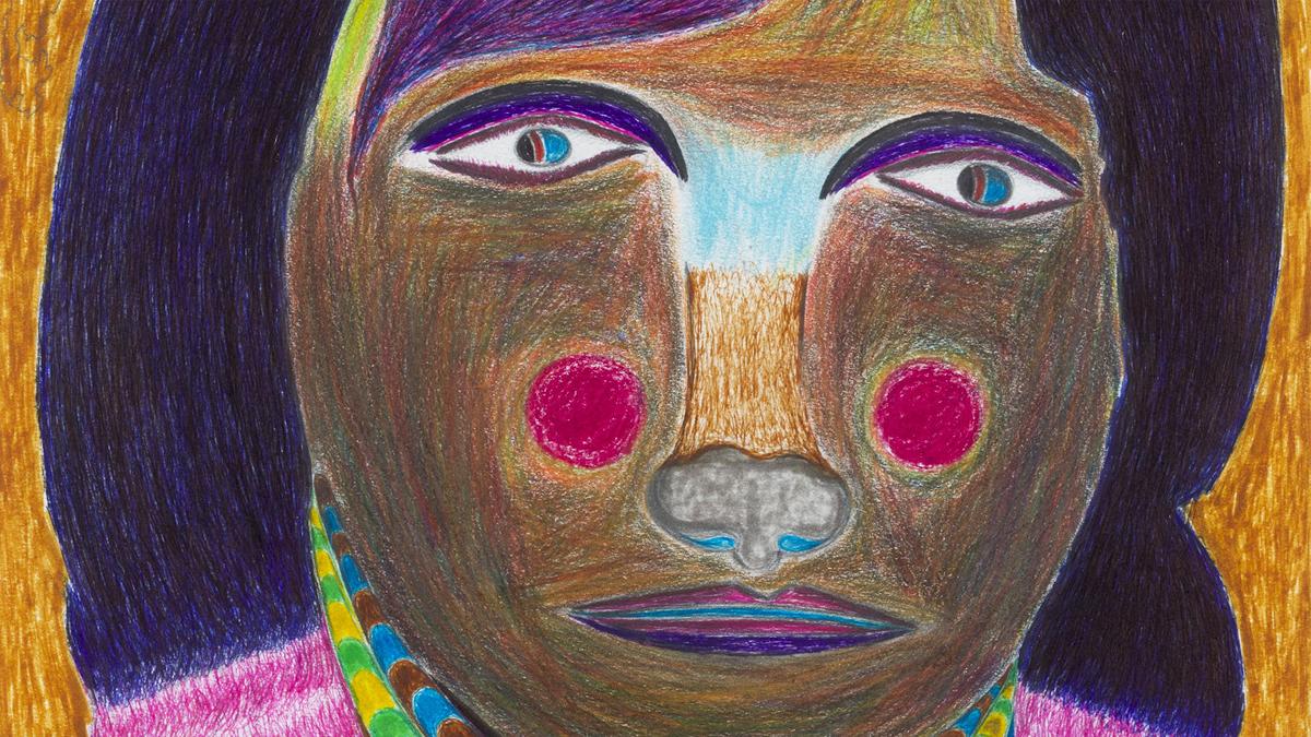 Abstract drawing of a face with vibrant colours, featuring red cheeks and a patterned necklace on an orange background.