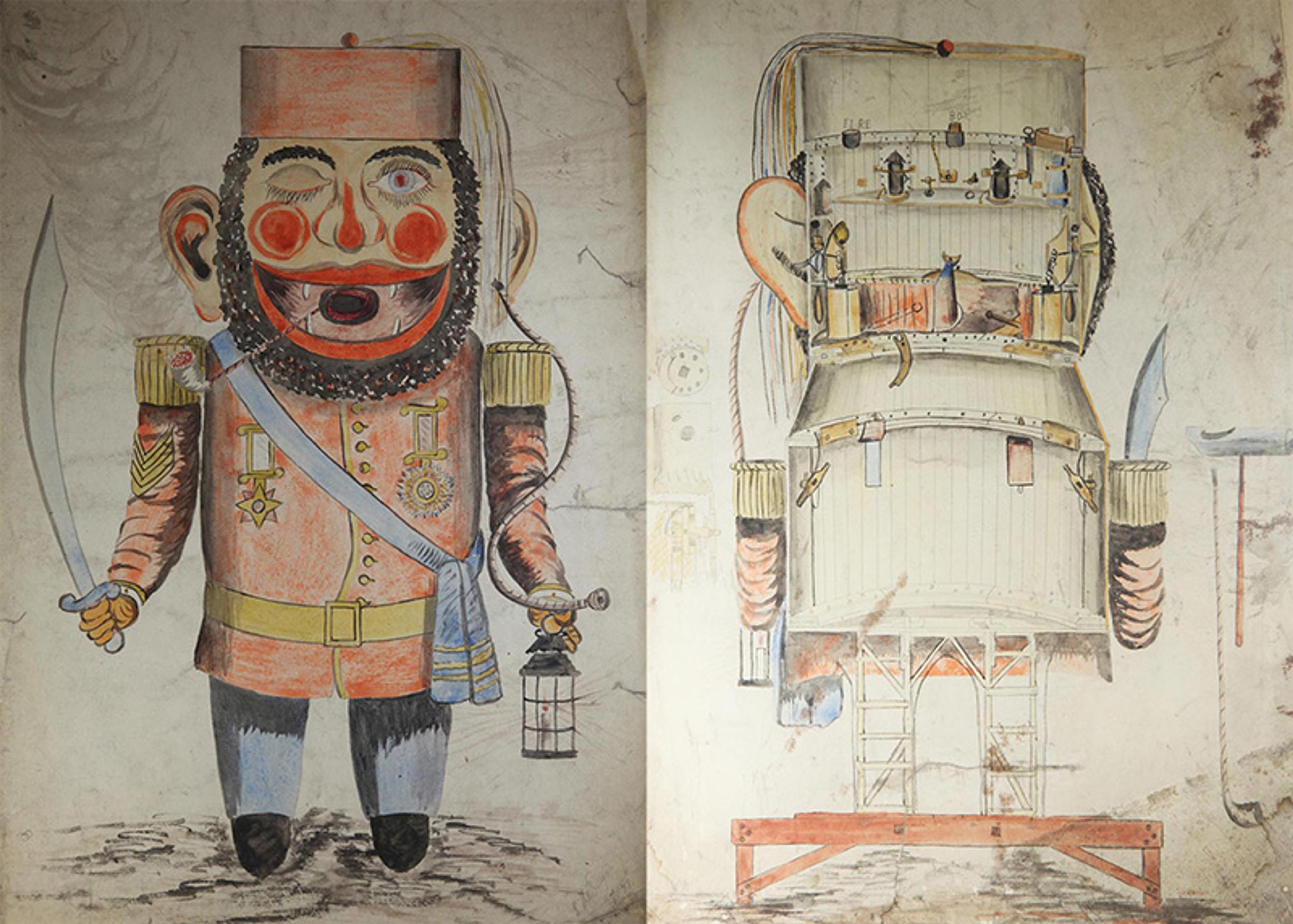 Illustration of a mechanical soldier with a sword and lantern on left, internal mechanisms shown on right.