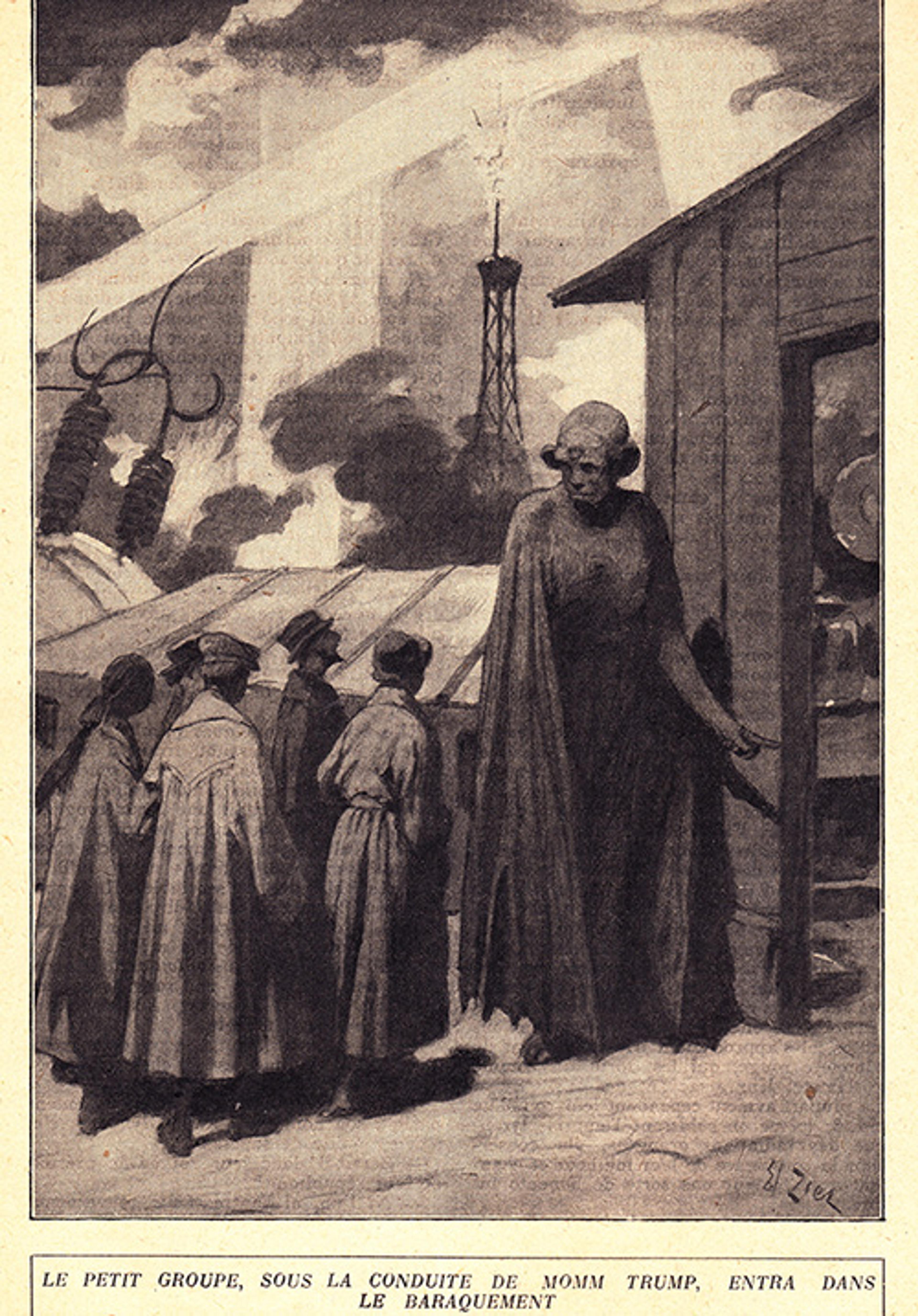 Vintage illustration of a tall, cloaked figure leading a group into a building under a dark sky with industrial structures.