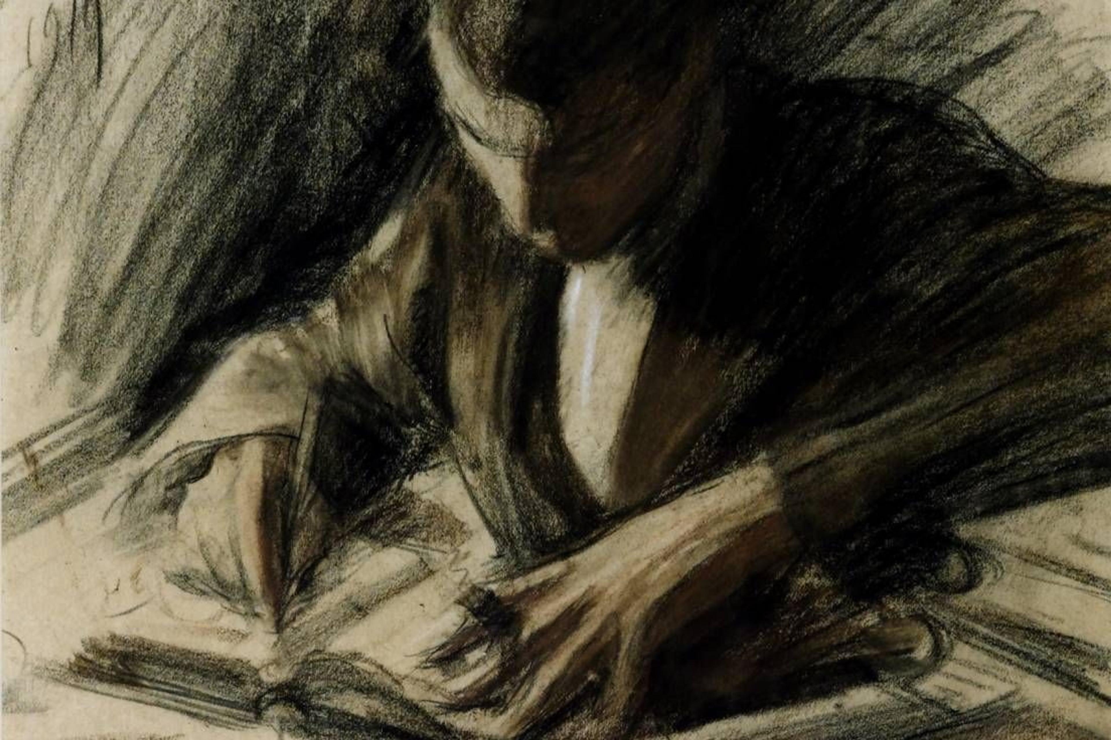 Charcoal drawing of a person writing at a desk with a focused expression and dramatic shading.
