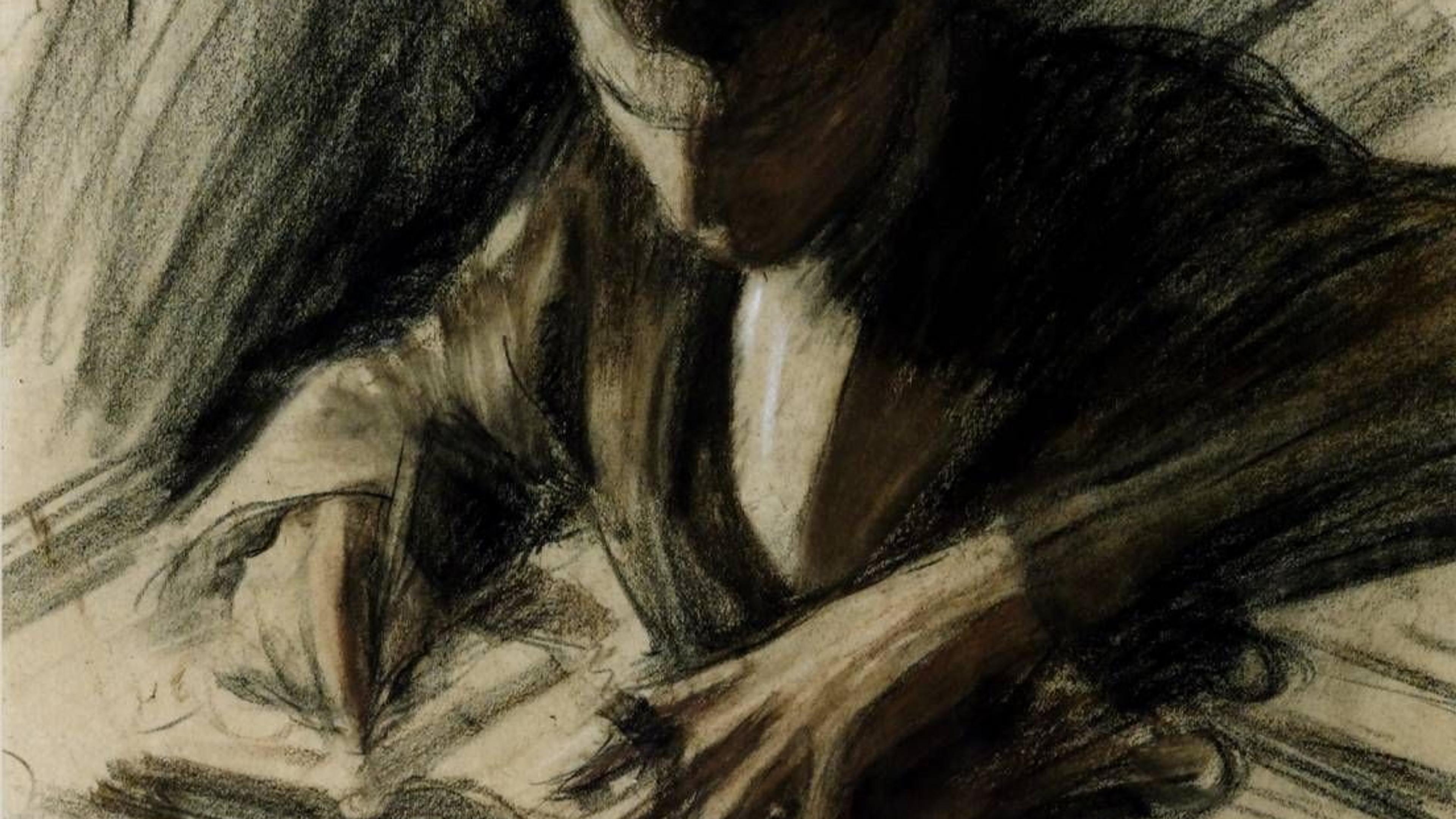 Charcoal drawing of a person writing at a desk with a focused expression and dramatic shading.