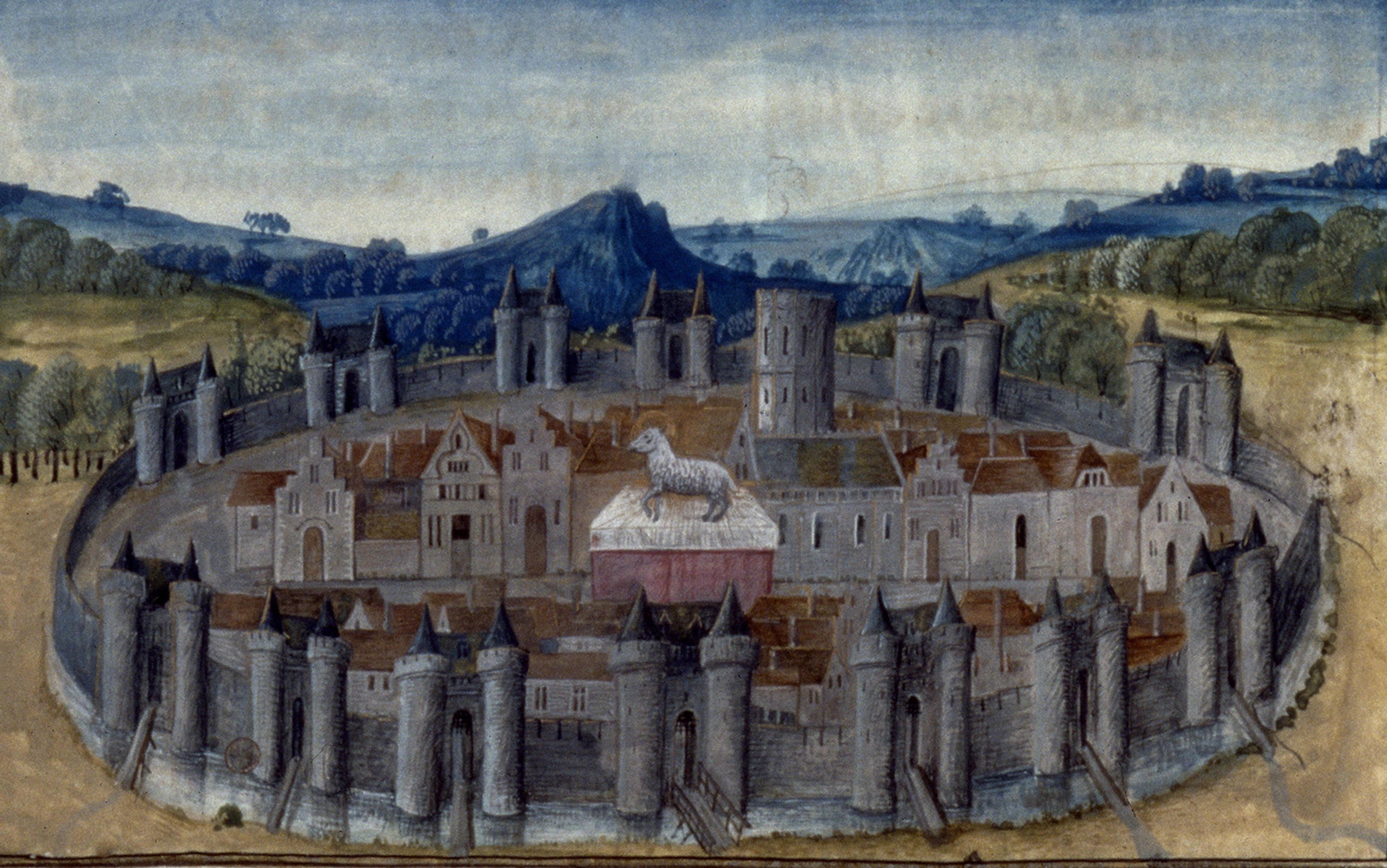 Medieval painting of a circular walled city with towers and a large lamb statue on a roof, surrounded by countryside.