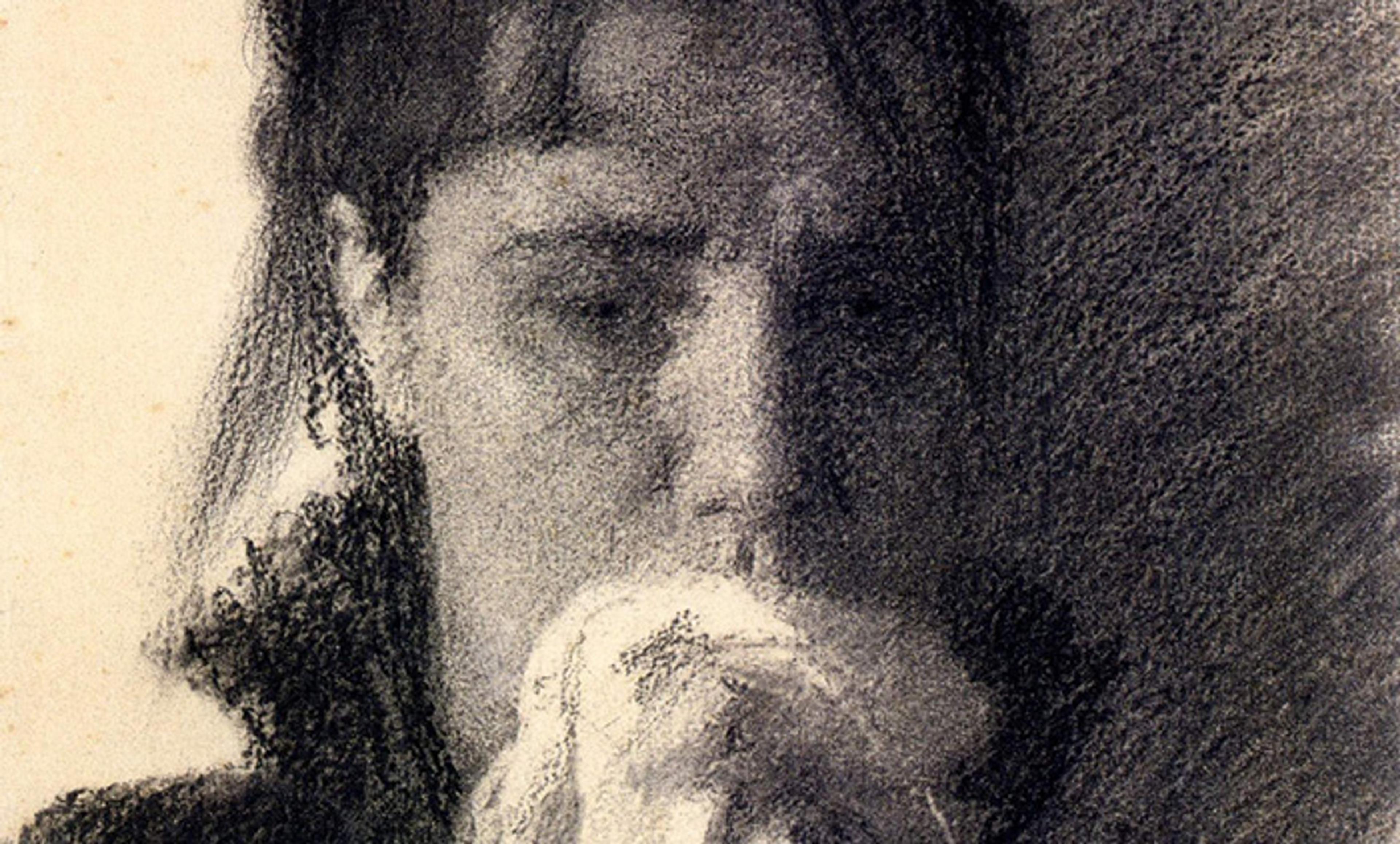 Charcoal drawing of a melancholic woman holding a white handkerchief to her face, with dark shading surrounding the figure.