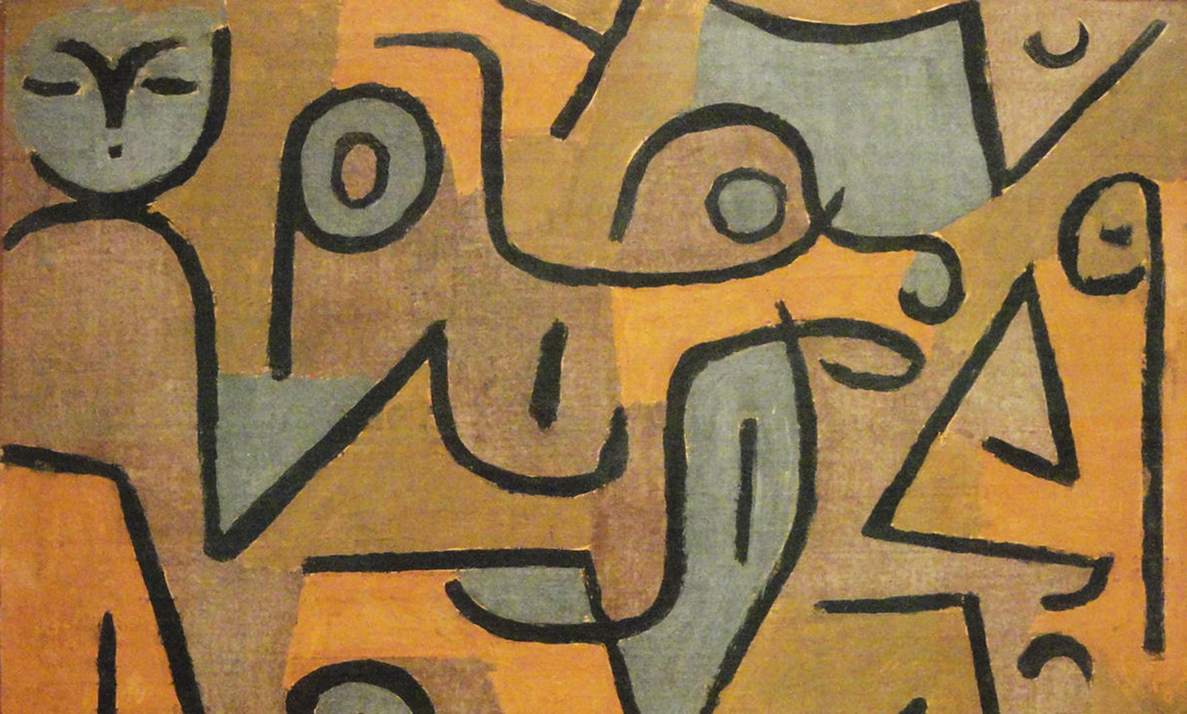 Abstract painting with simple human-like figures and shapes outlined in black on a background of muted orange and grey tones.