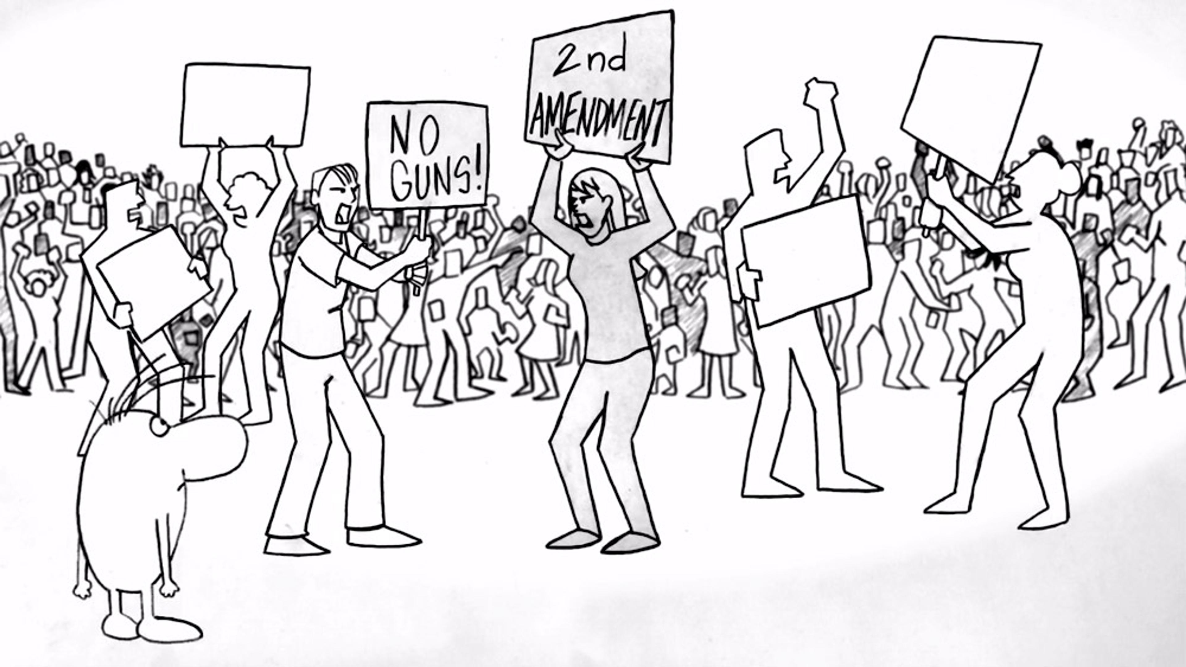 Black and white line drawing of a large protest with people holding blank signs except two which say “NO GUNS!” and “2nd AMENDMENT”