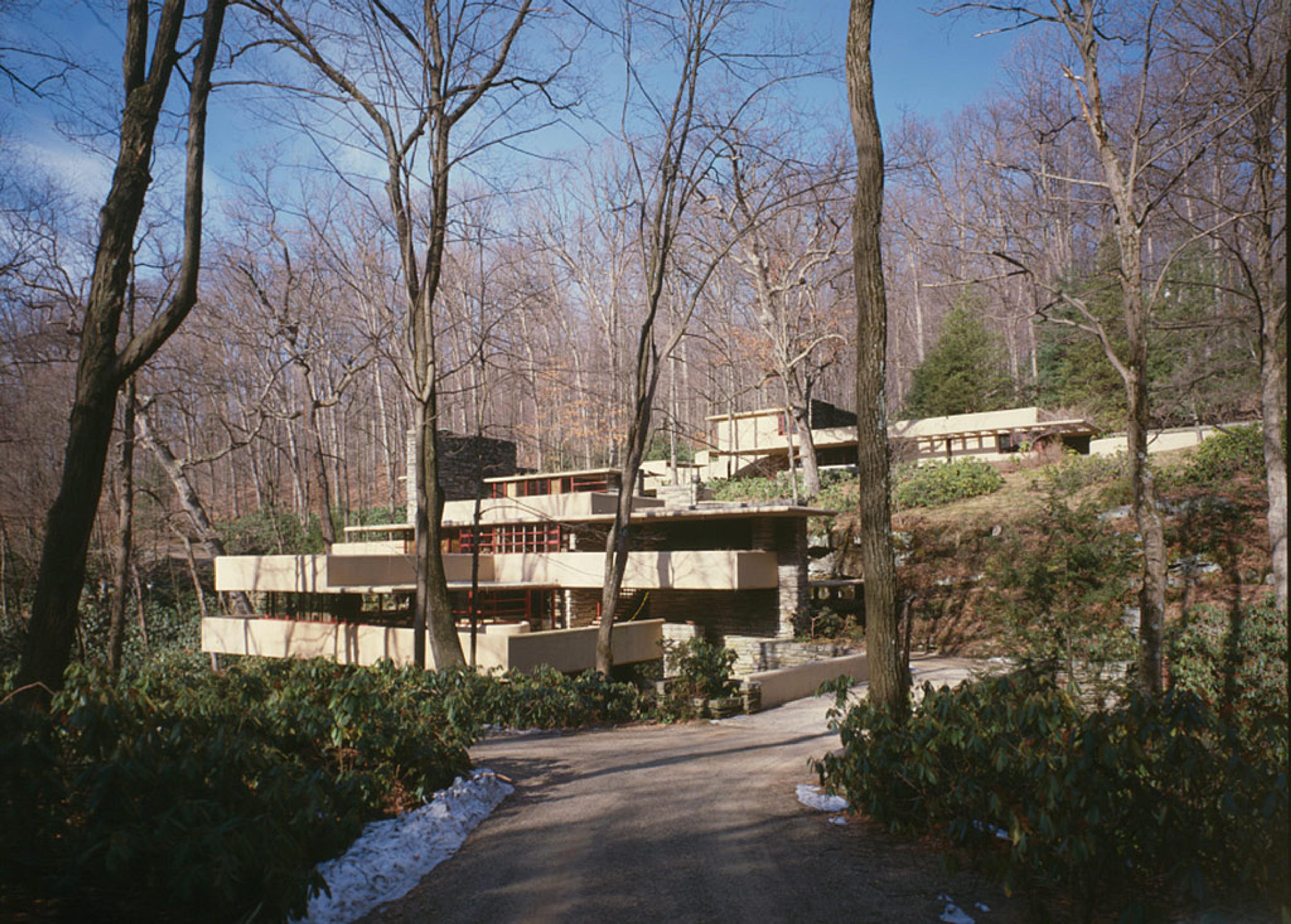 Photo of a modern house with flat roofs in a forested area, surrounded by leafless trees and greenery on a sunny day.