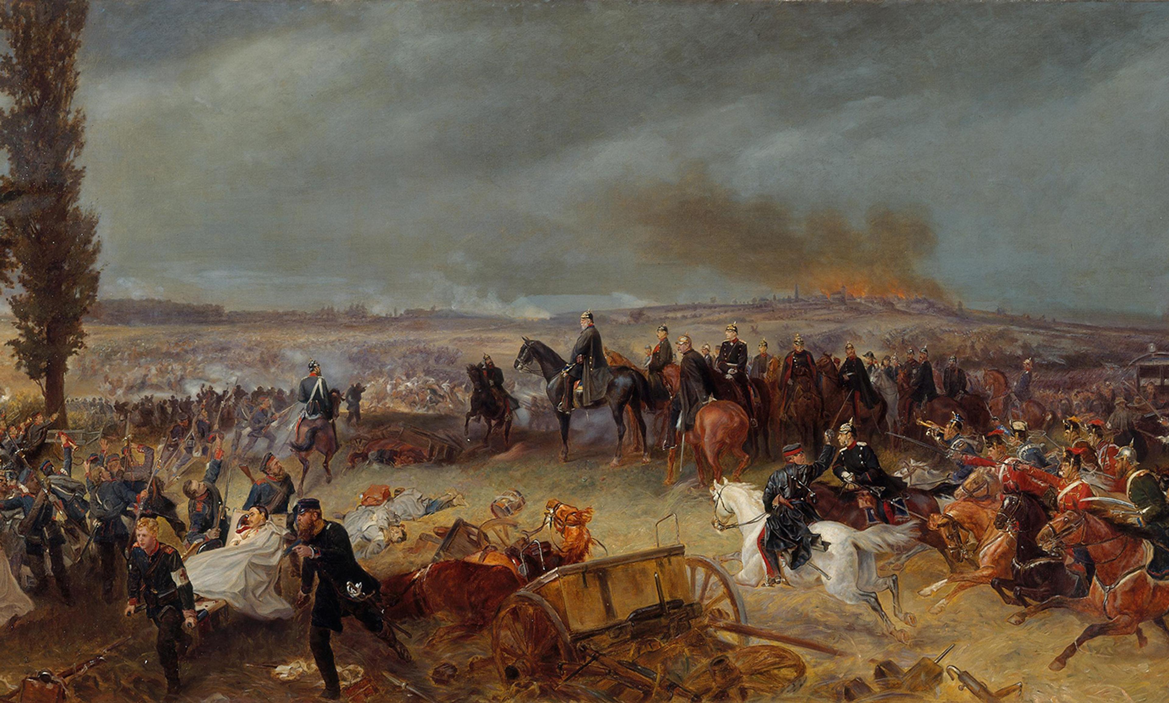 Painting of a chaotic battlefield with soldiers on foot and horseback. Smoke and fire are visible in the background.
