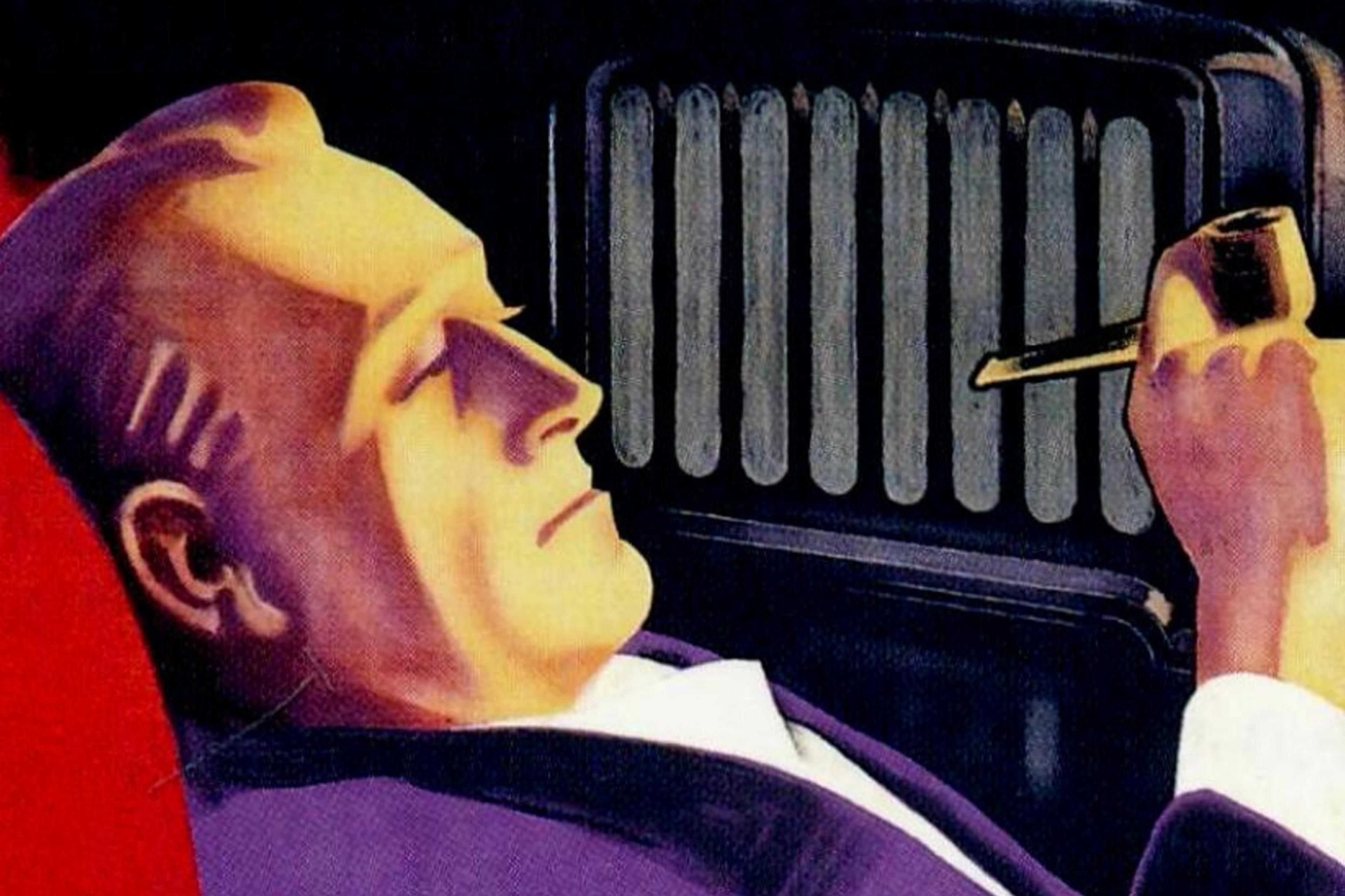 Abstract illustration of a man in profile, reclining with a pipe in his hand, set against a red and black background.