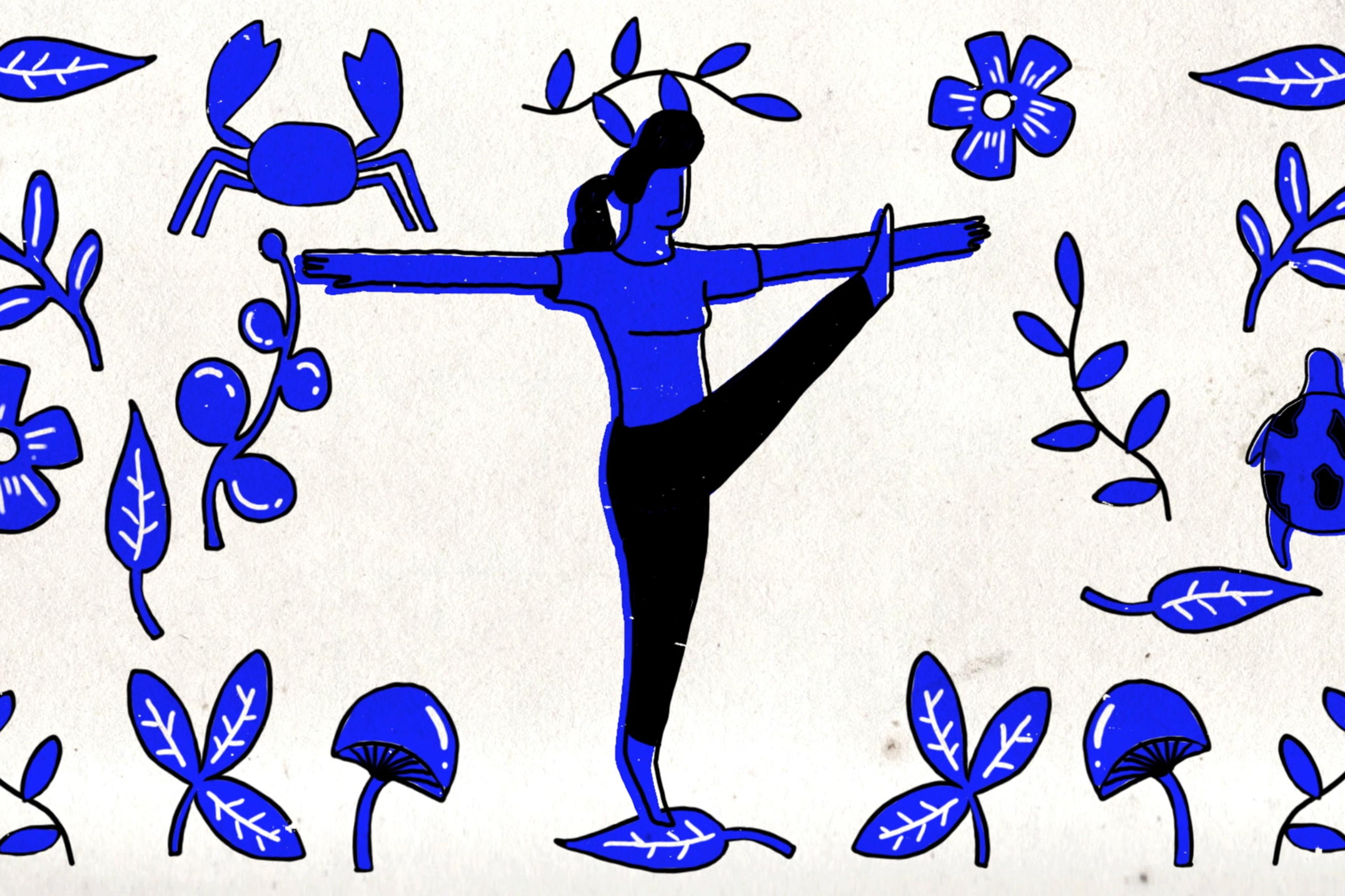 Illustration of a blue-colored woman balancing on one leg surrounded by plants, flowers, a crab, berries, mushrooms, and a turtle.