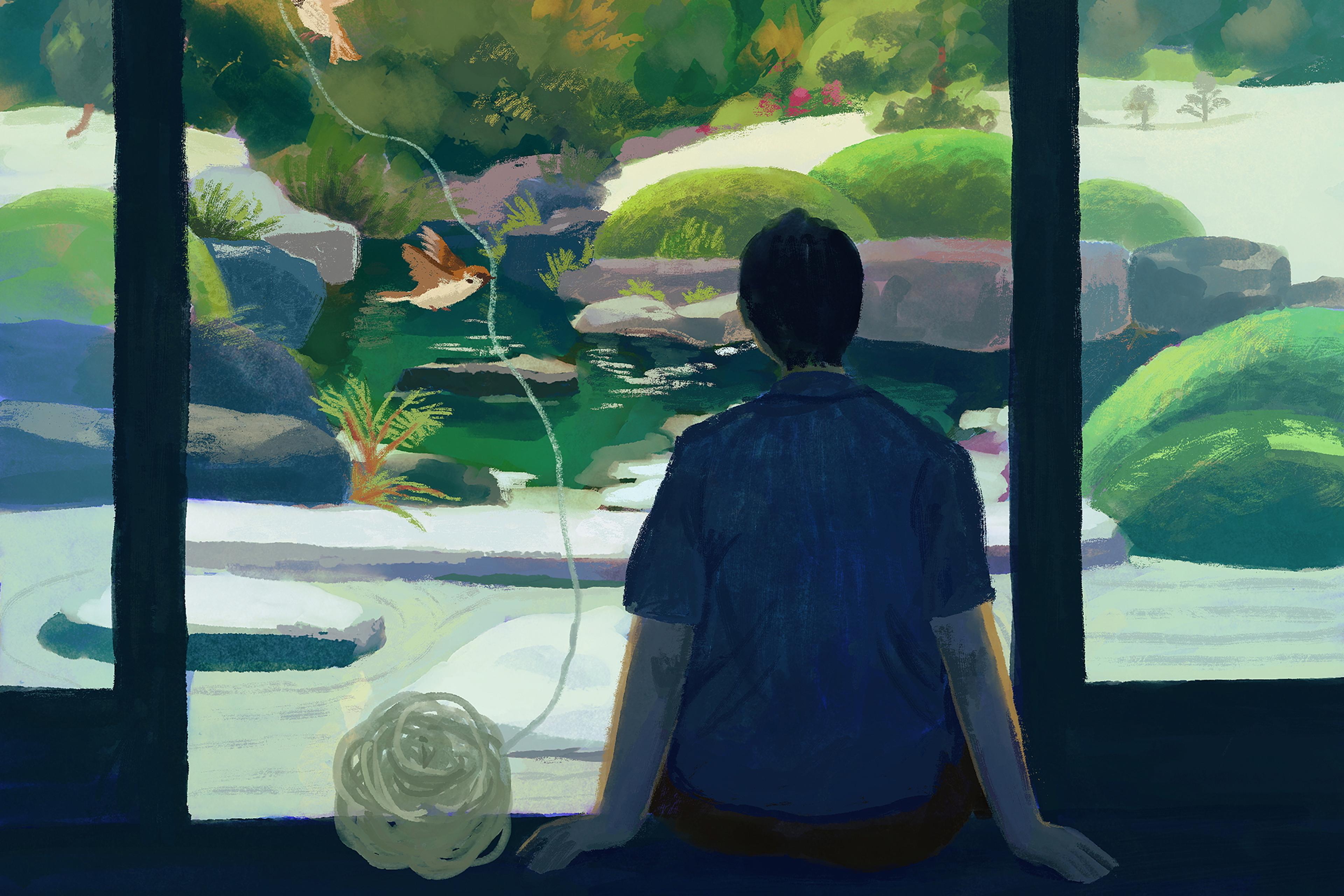 Painting of a person sitting indoors looking out at a garden with flying birds, framed by large windows.