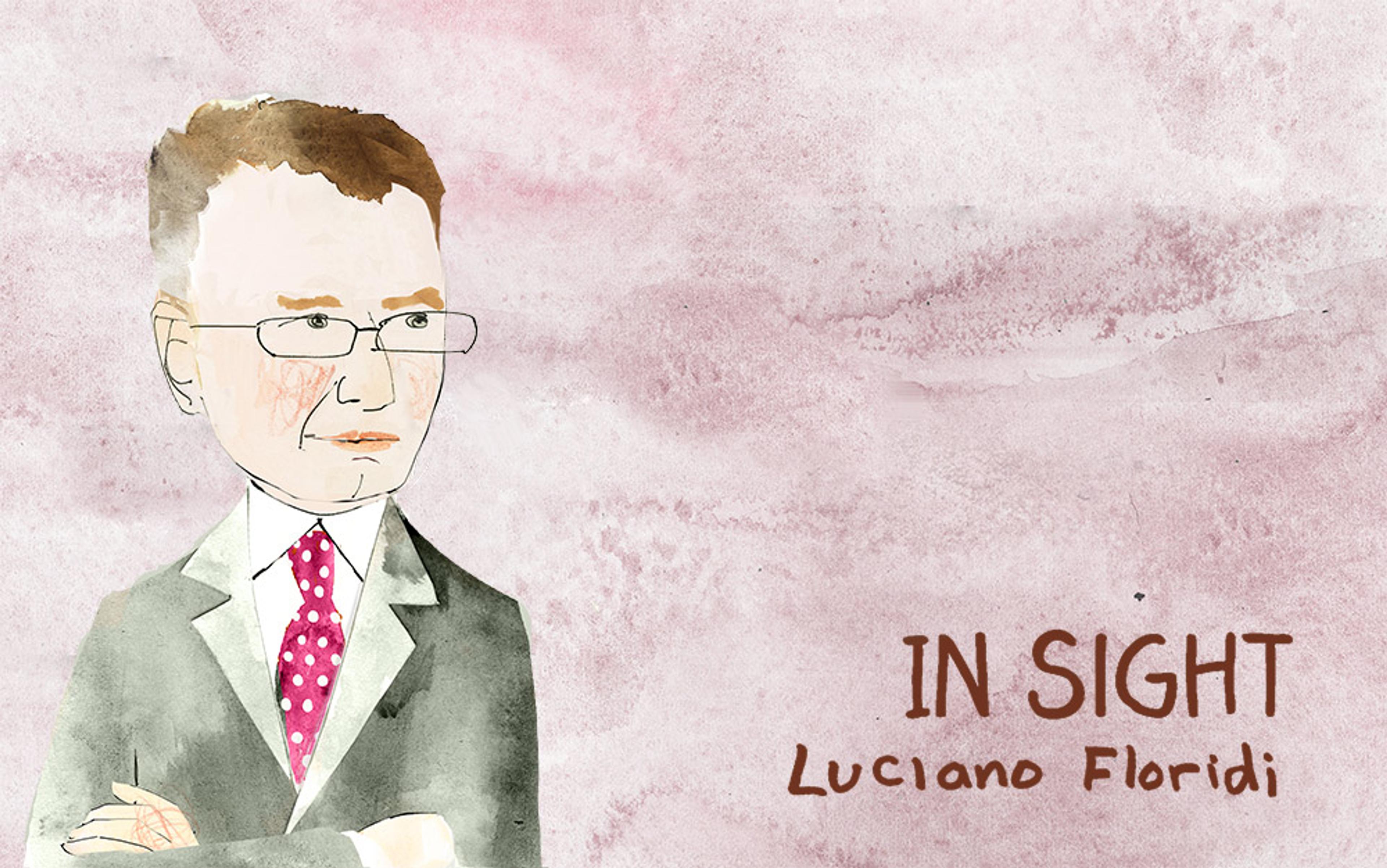 Watercolour painting of a man in a suit with a red tie and glasses against a pink background. Text reads “In Sight Luciano Floridi”.