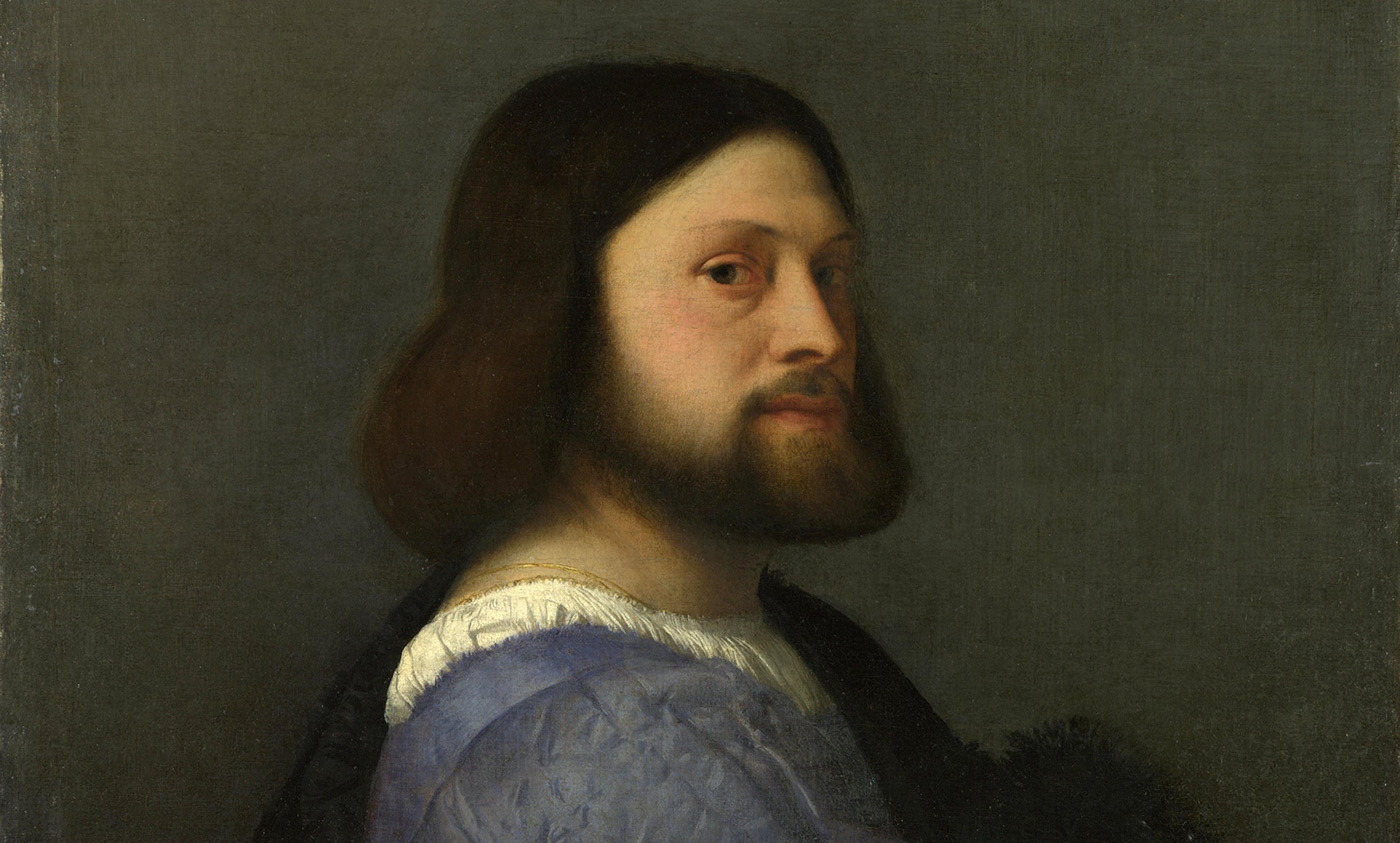 A painting of a man with shoulder-length brown hair and a beard, wearing a purple robe over a white shirt, against a dark background.