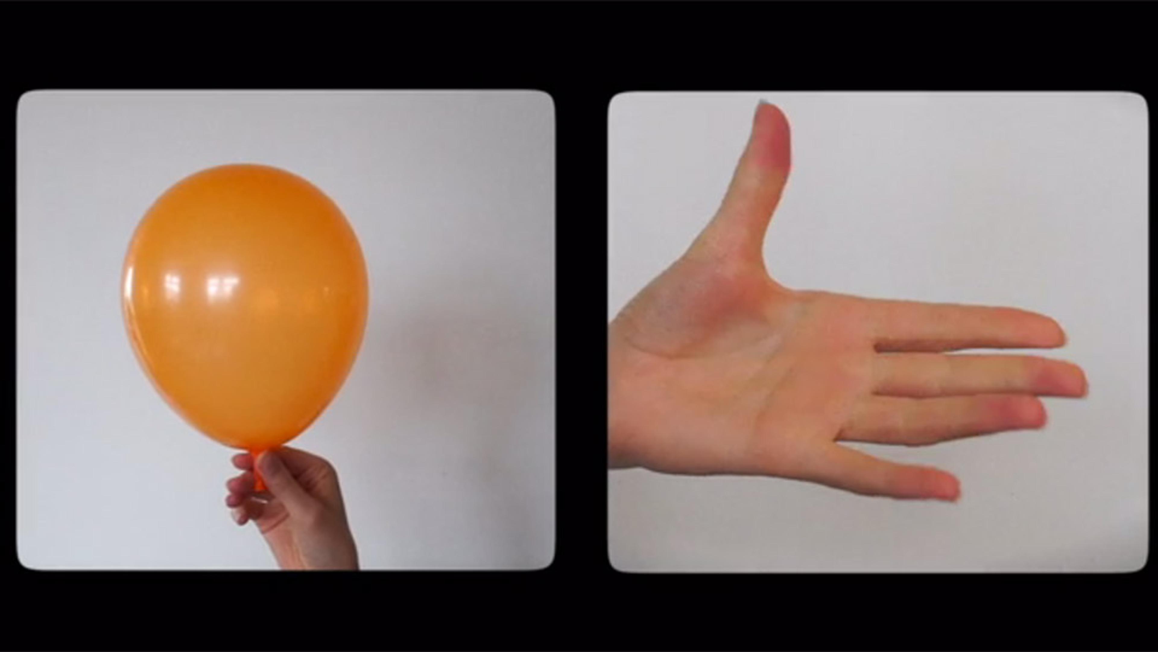 Photo split into two halves: left shows a hand holding an orange balloon, right shows an open hand against a plain white wall.