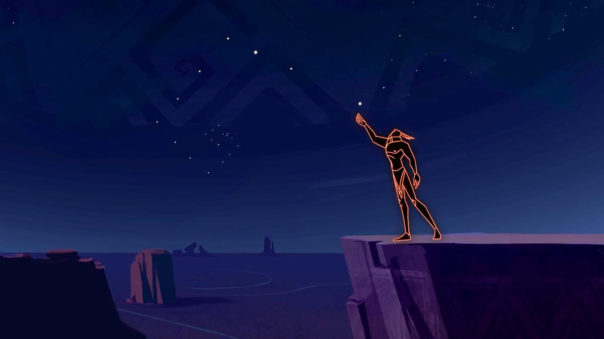 A stylised figure drawn in glowing red lines stands on a cliff reaching towards a dark sky full of stars above a calm sea. The scene has a mystical atmosphere.