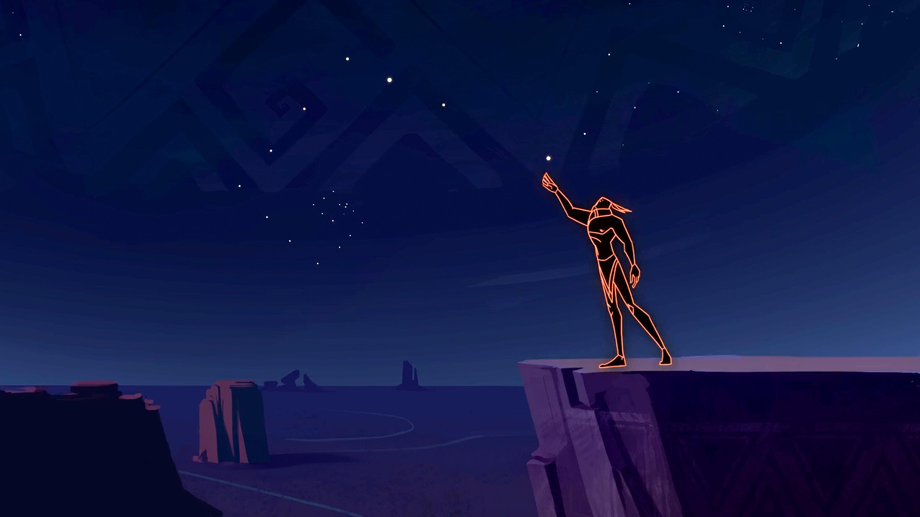A stylised figure drawn in glowing red lines stands on a cliff reaching towards a dark sky full of stars above a calm sea. The scene has a mystical atmosphere.