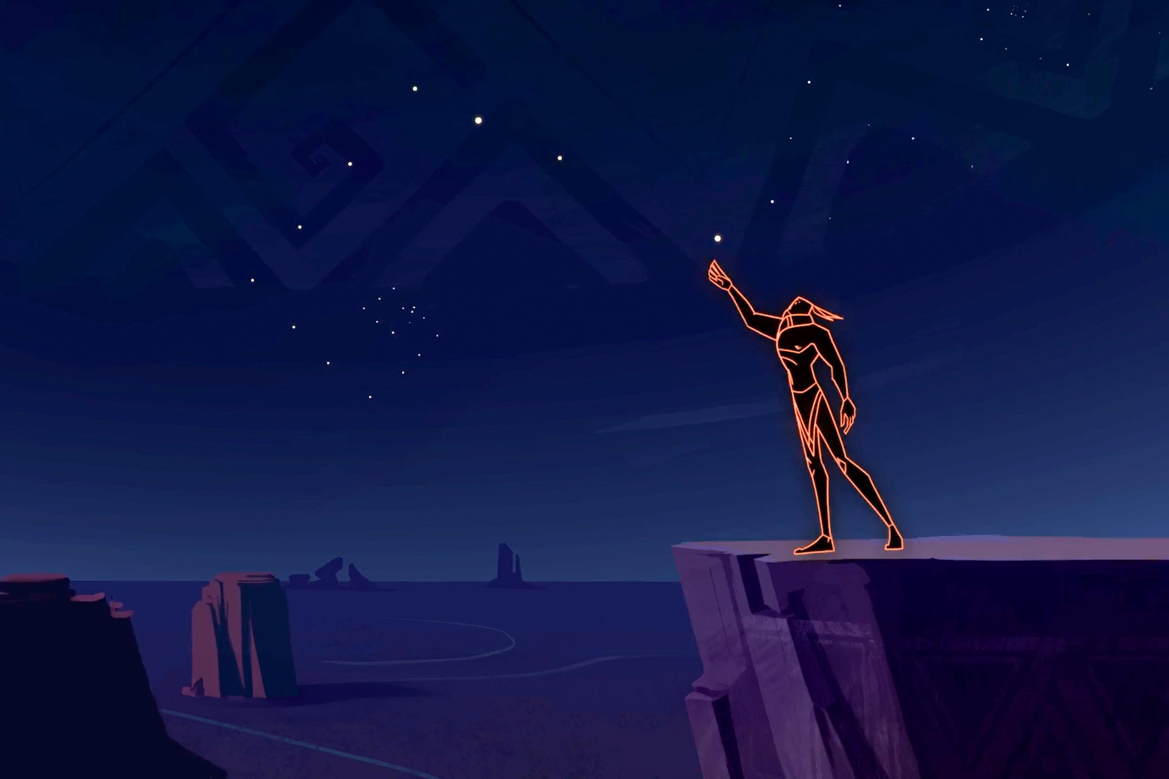 A stylised figure drawn in glowing red lines stands on a cliff reaching towards a dark sky full of stars above a calm sea. The scene has a mystical atmosphere.